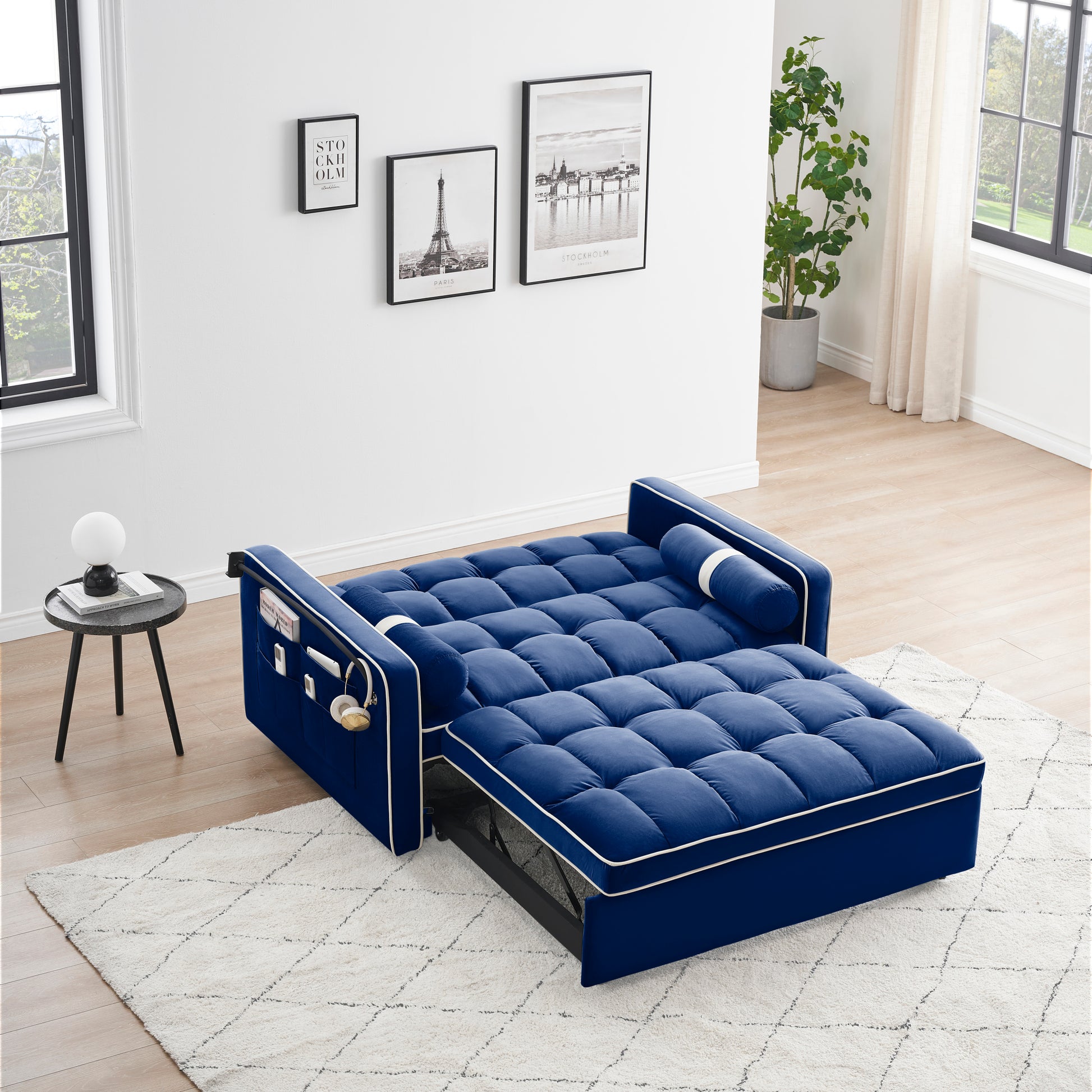 Sleeper Sofa Couch W Pull Out Bed, 55" Modern Velvet Convertible Sleeper Sofa Bed, Small Beautiful Seat Sofa Bed W Pillows & Side Pockets For Small Space, Living Room, Apartment,Blue Blue Velvet 2 Seat