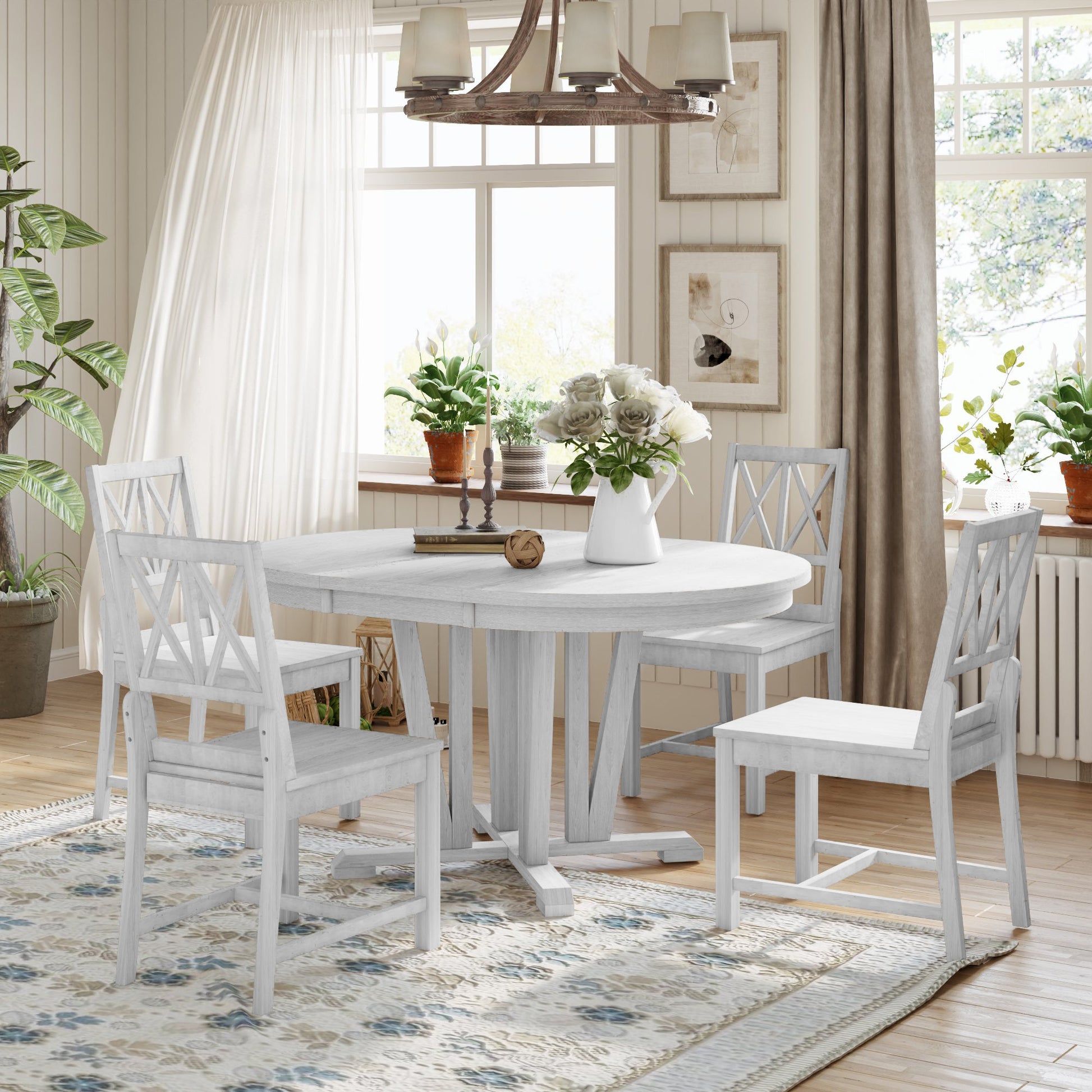 Rustic 5 Piece Extendable Dining Table Set Round Trestle Table And 4 Cross Back Dining Chairs For Kitchen, Dining Room, Gray Gray Wood Dining Room Solid Wood Rubberwood Round Dining Table With Chair Wood Wood Gray Solid Back Seats 4 Removable Leaf