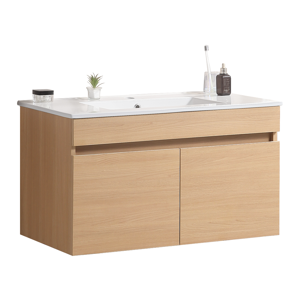 30 Inch Wall Mounted Bathroom Vanity With White Ceramic Basin,Two Soft Close Cabinet Doors, Solid Wood,Excluding Faucets,Light Oak Light Oak Solid Wood