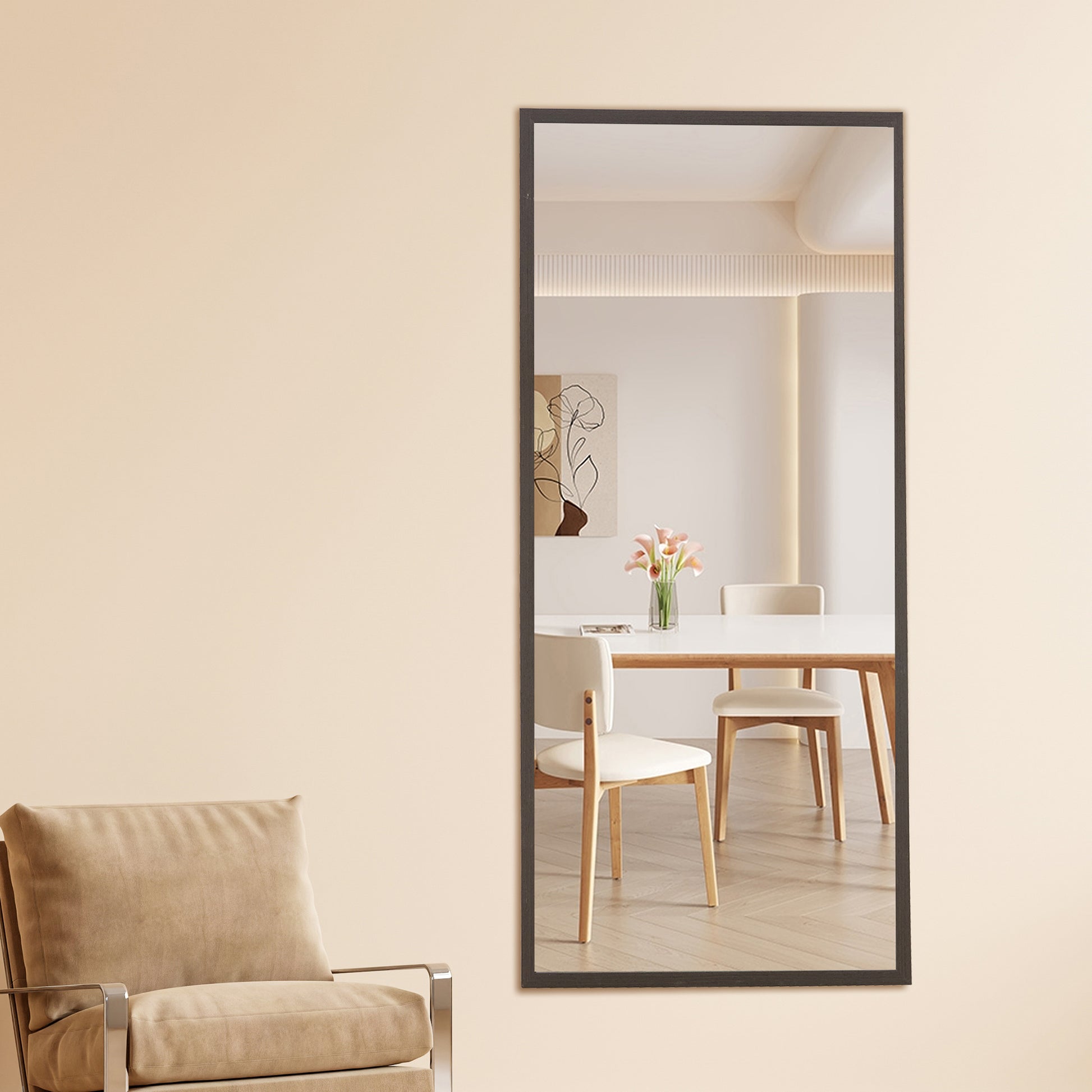 Fourth Generation Solid Wood Frame Full Length Mirror, Dressing Mirror, Bedroom Porch, Decorative Mirror, Clothing Store, Floor Standing Large Mirror, Wall Mounted. 71 "* 31.5" Gray Glass