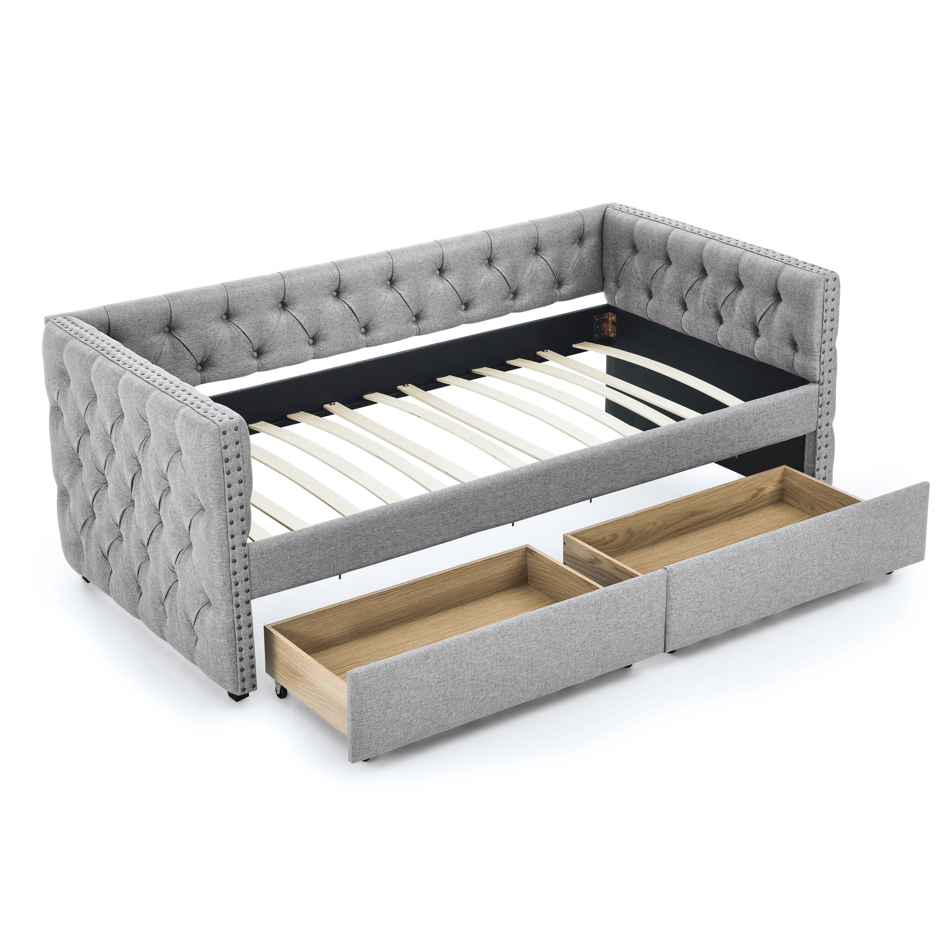 Upholstered Twin Size Daybed With Two Drawers, With Button And Copper Nail On Square Arms, Grey 82.75''X43''X30.75'' Box Spring Not Required Twin Grey Composite Bedroom Classic,Contemporary,Luxury,Modern,Traditional Linen Linen