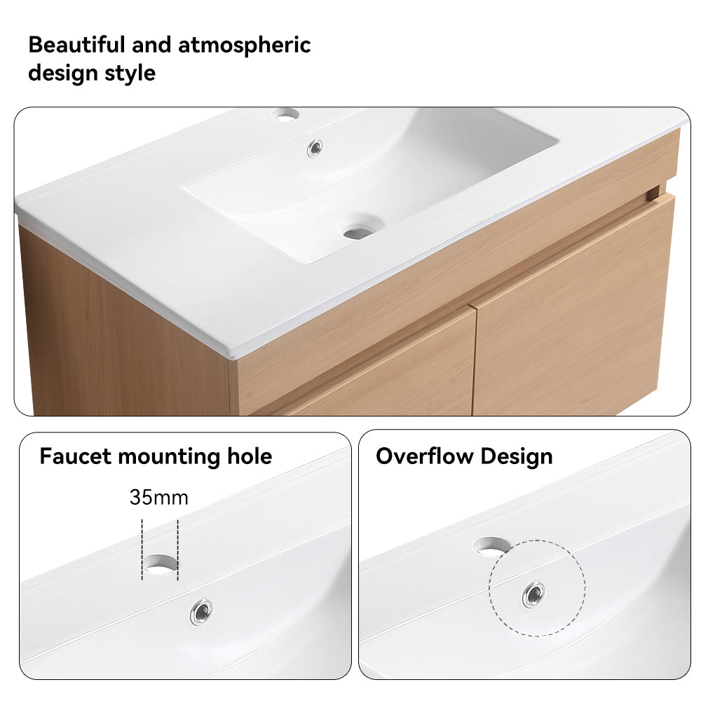 30 Inch Wall Mounted Bathroom Vanity With White Ceramic Basin,Two Soft Close Cabinet Doors, Solid Wood,Excluding Faucets,Light Oak Light Oak Solid Wood