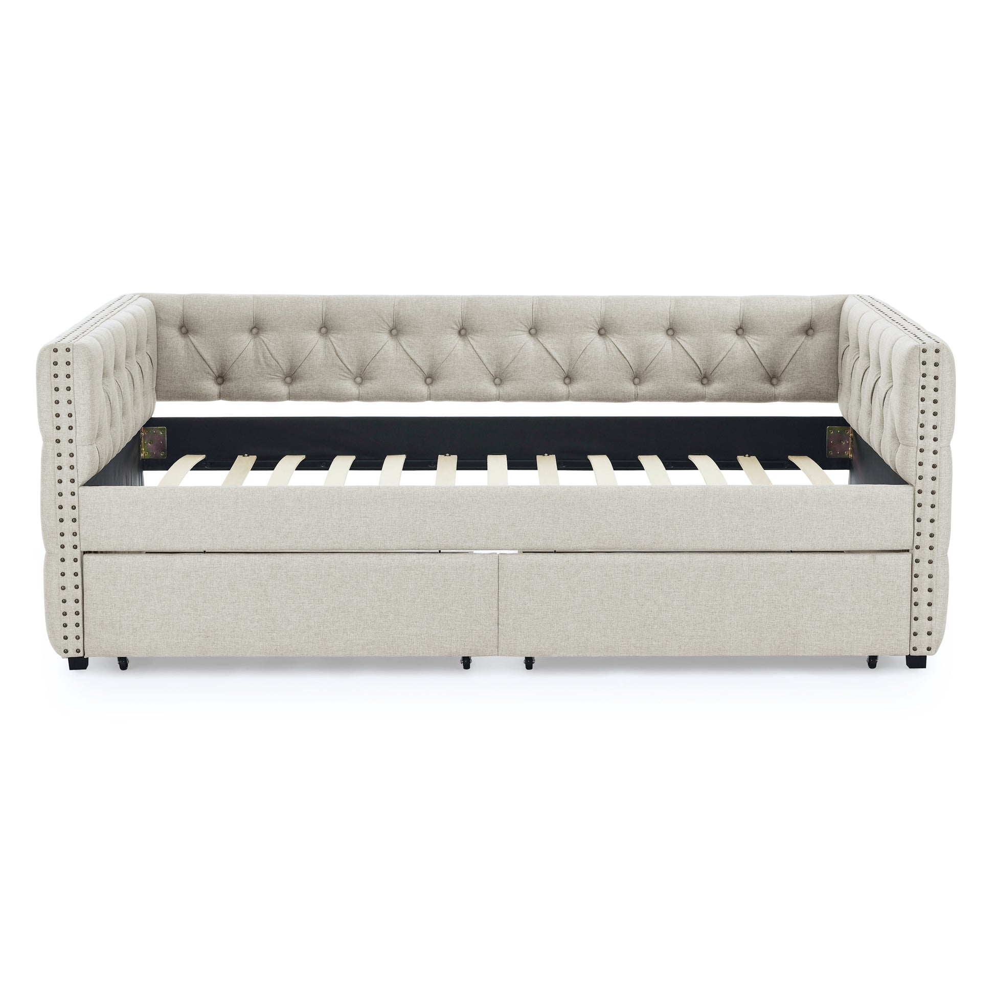 Upholstered Twin Size Daybed With Two Drawers, With Button And Copper Nail On Square Arms, Beige 82.75''X43''X30.75'' Box Spring Not Required Twin Beige Composite Bedroom Classic,Contemporary,Luxury,Modern,Traditional Linen Linen