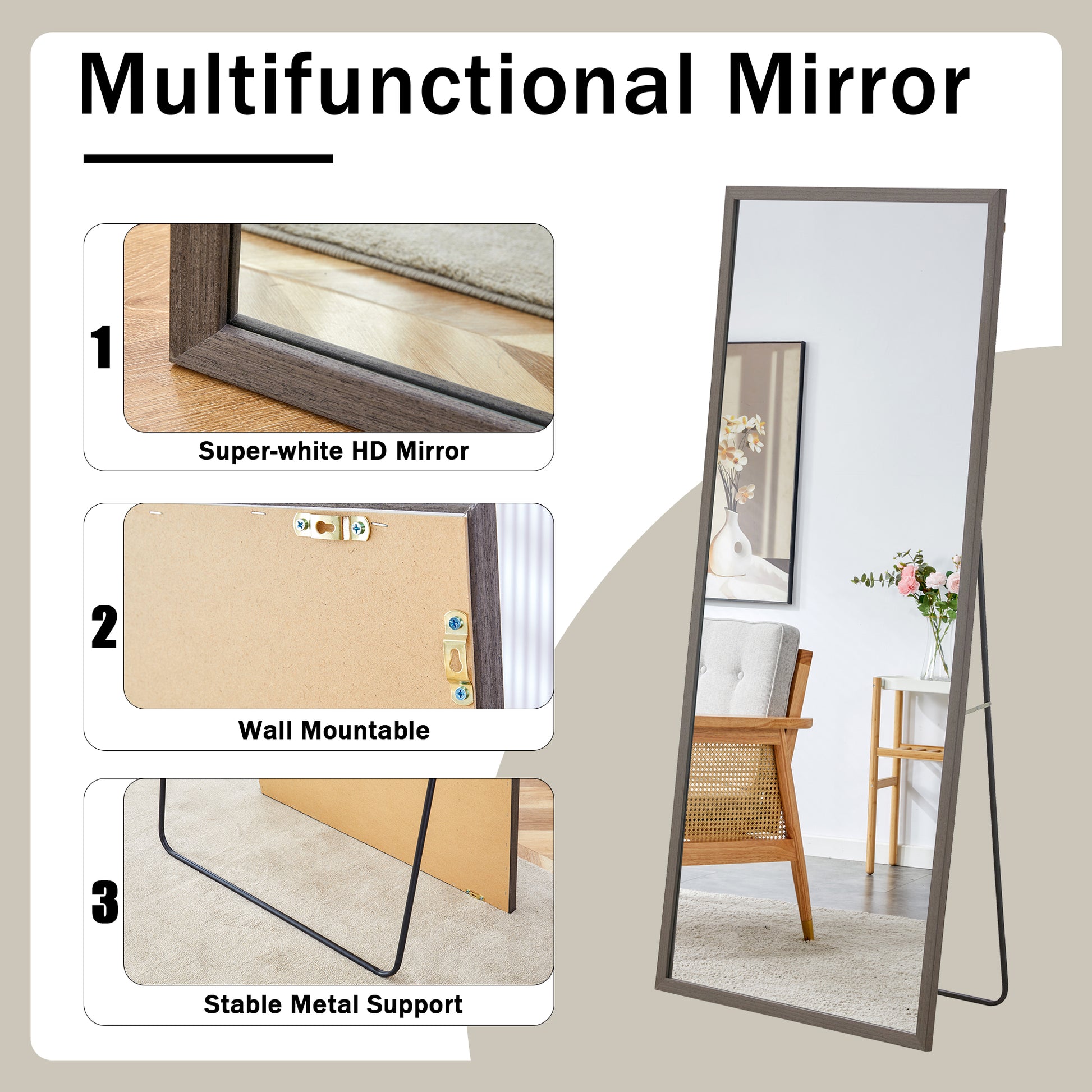 Fourth Generation Solid Wood Frame Full Length Mirror, Dressing Mirror, Bedroom Porch, Decorative Mirror, Clothing Store, Floor Standing Large Mirror, Wall Mounted. 71 "* 31.5" Gray Glass