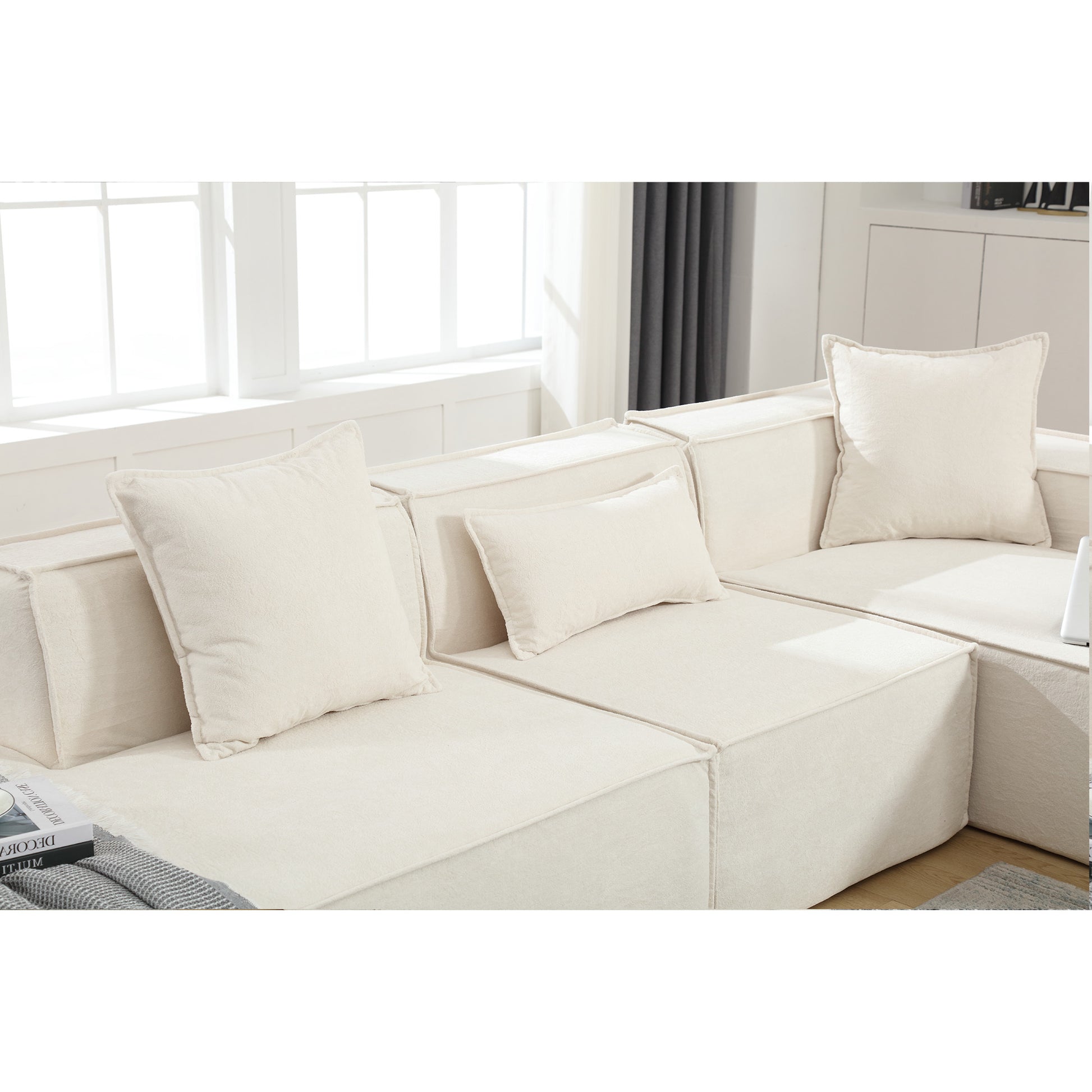 Modular Combination Living Room Sofa Set, Modern Minimalist Sofa, Free Installation Sofa, L Shaped, Italian Minimalist Tofu Block Sofa, Right Hand Facing,Terrycloth Fabric ,Beige Beige Polyester Primary Living Space Soft Modern Polyester 3 Seat