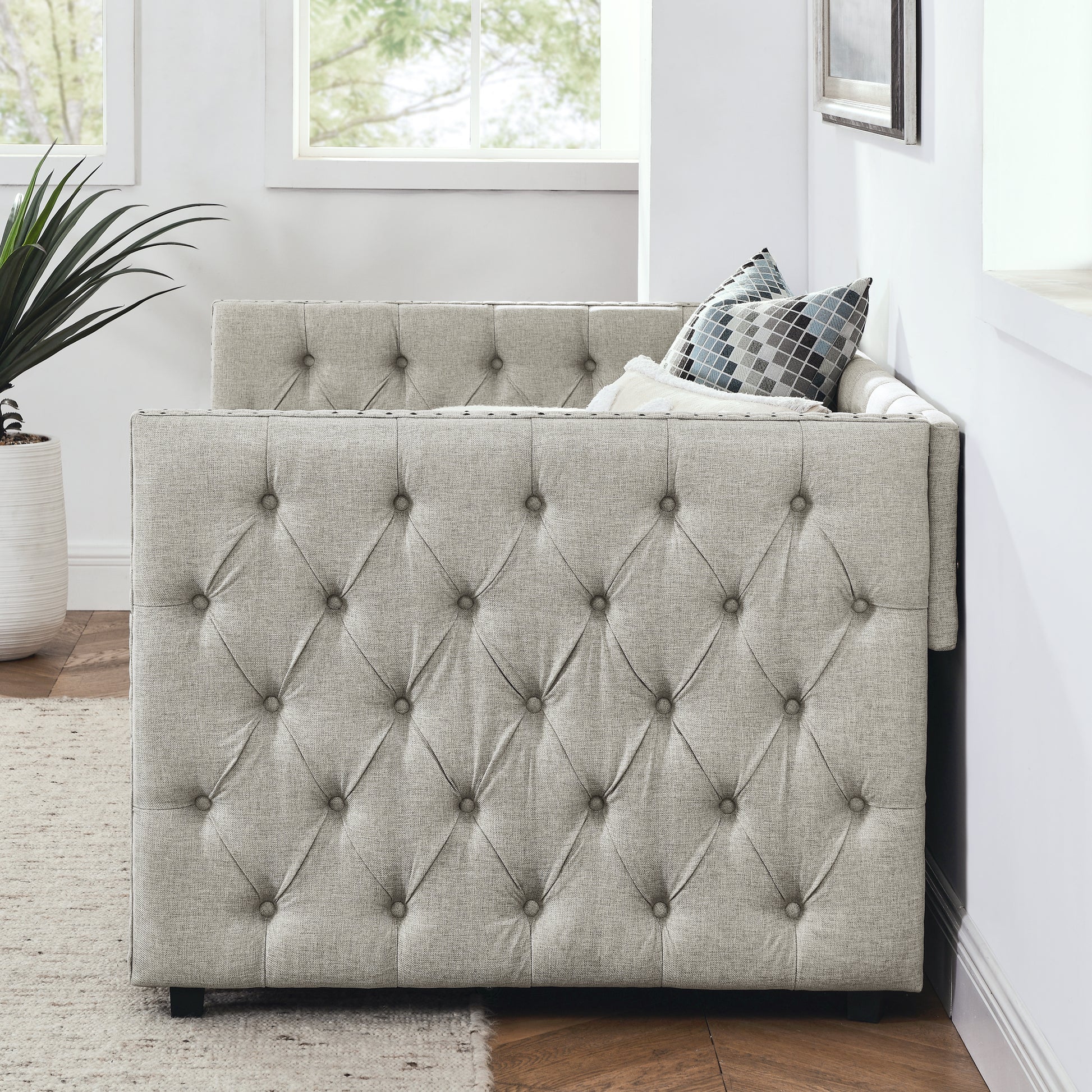 Upholstered Twin Size Daybed With Two Drawers, With Button And Copper Nail On Square Arms, Beige 82.75''X43''X30.75'' Box Spring Not Required Twin Beige Composite Bedroom Classic,Contemporary,Luxury,Modern,Traditional Linen Linen