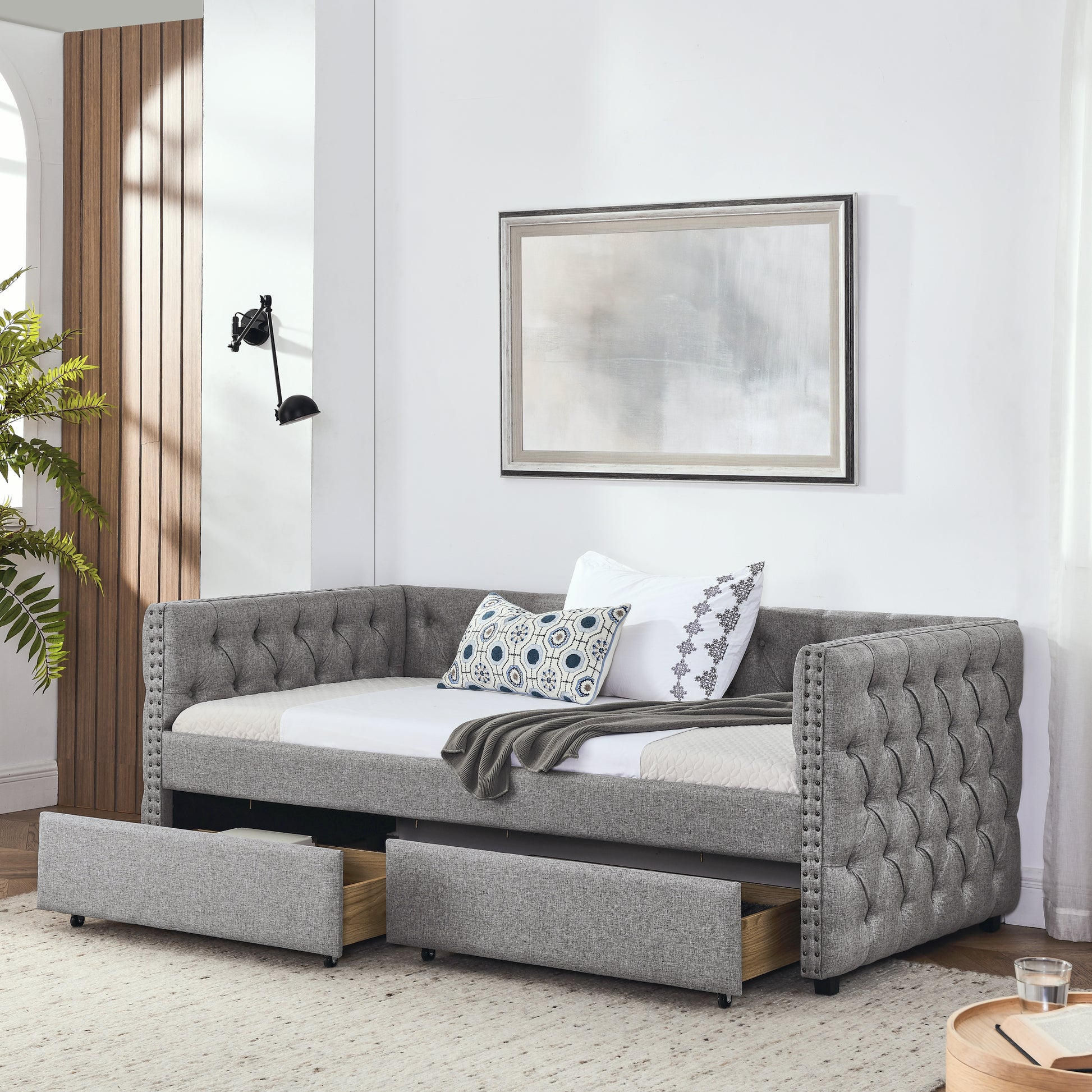 Upholstered Twin Size Daybed With Two Drawers, With Button And Copper Nail On Square Arms, Grey 82.75''X43''X30.75'' Box Spring Not Required Twin Grey Composite Bedroom Classic,Contemporary,Luxury,Modern,Traditional Linen Linen