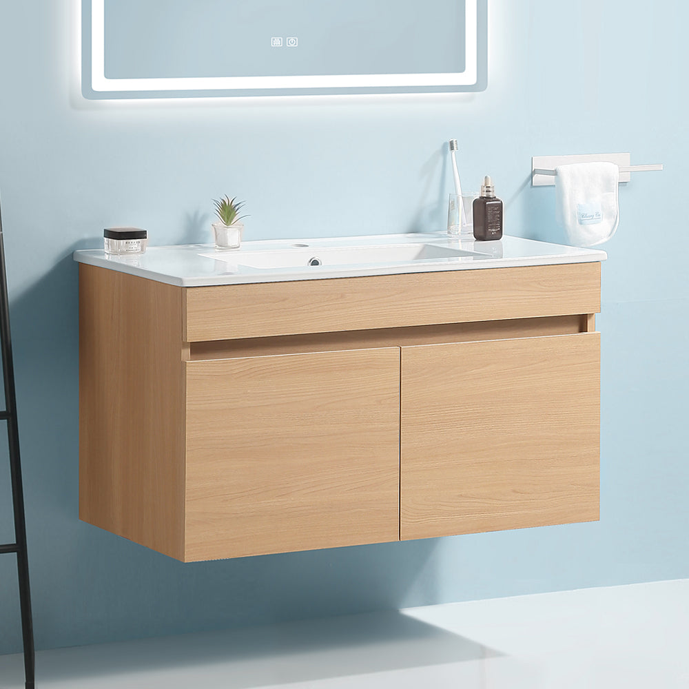 36 Inch Wall Mounted Bathroom Vanity with White light oak-solid wood