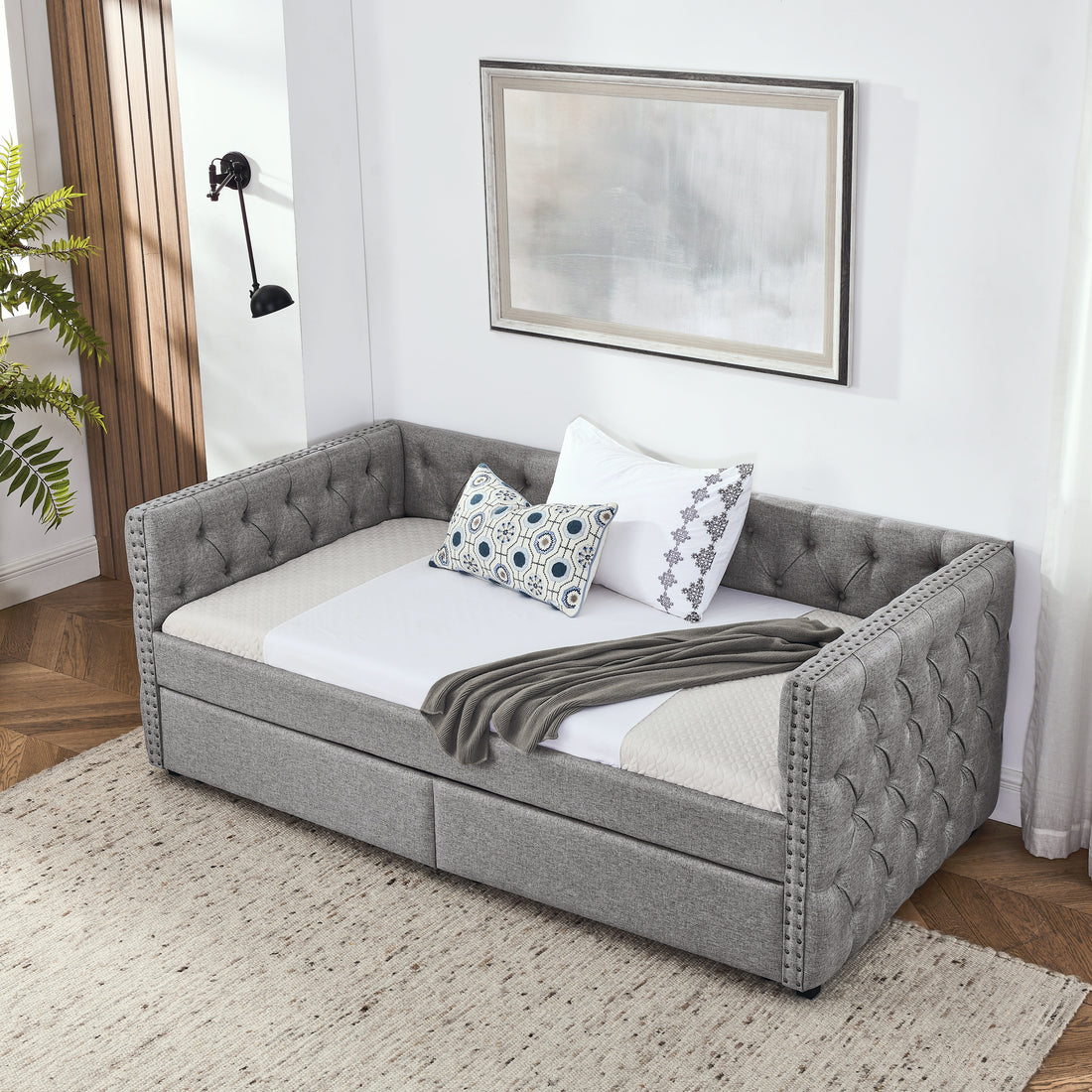Upholstered Twin Size Daybed With Two Drawers, With Button And Copper Nail On Square Arms, Grey 82.75''X43''X30.75'' Box Spring Not Required Twin Grey Composite Bedroom Classic,Contemporary,Luxury,Modern,Traditional Linen Linen