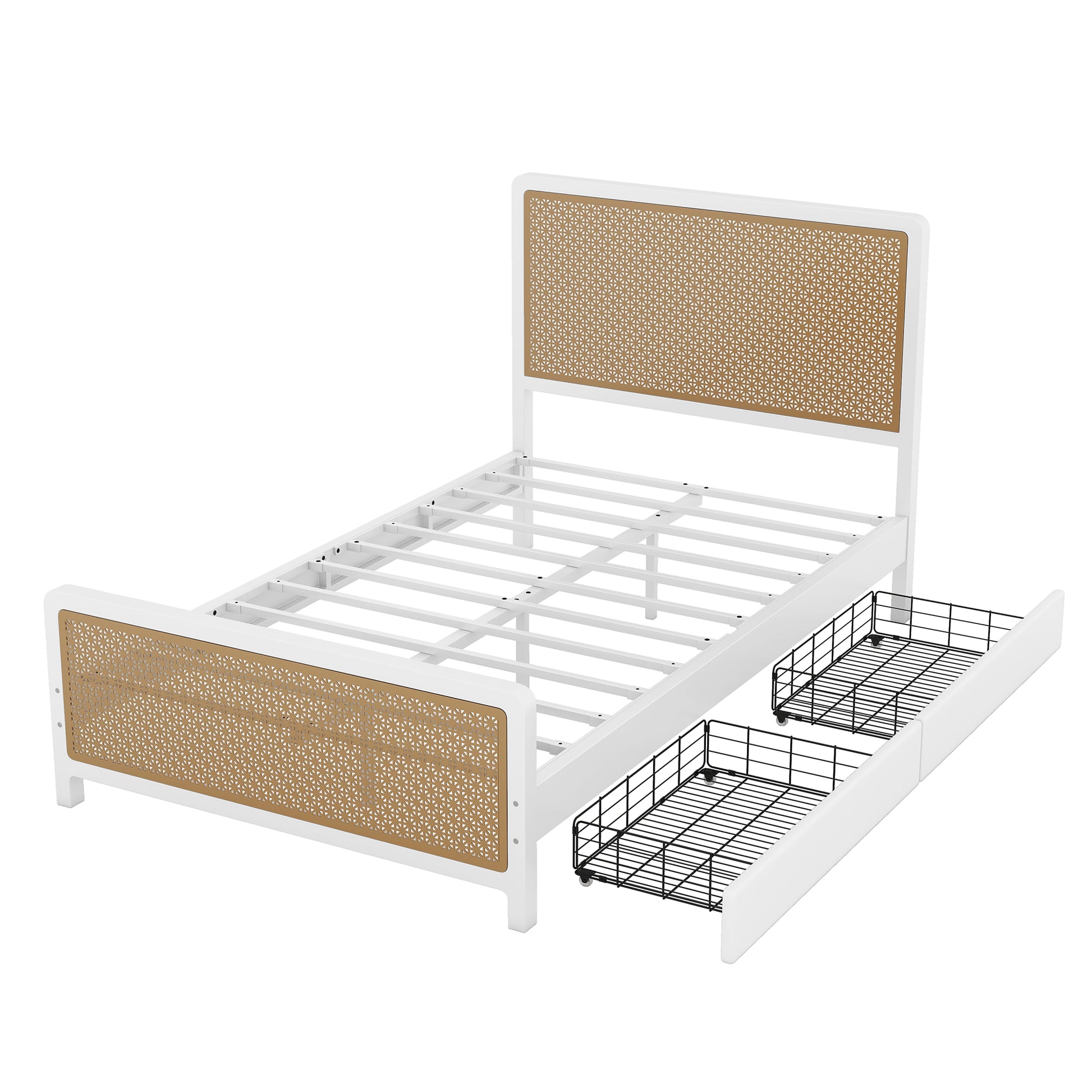 Full Size Metal Platform Bed With 2 Drawers, White Box Spring Not Required Full White Bedroom Bed Frame Metal