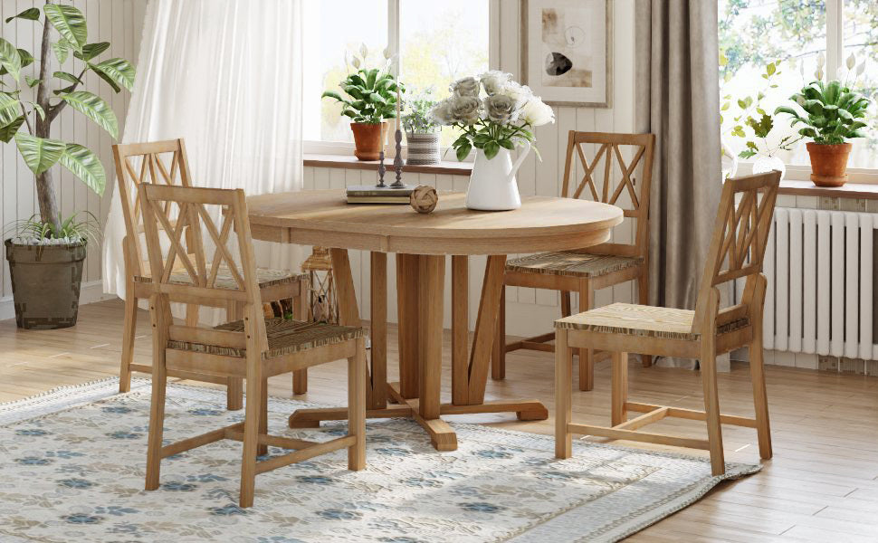 Rustic 5 Piece Extendable Dining Table Set Round Trestle Table And 4 Cross Back Dining Chairs For Kitchen, Dining Room, Natural Wood Dining Room Solid Wood Rubberwood Round Dining Table With Chair Wood Wood Natural Solid Back Seats 4 Removable Leaf