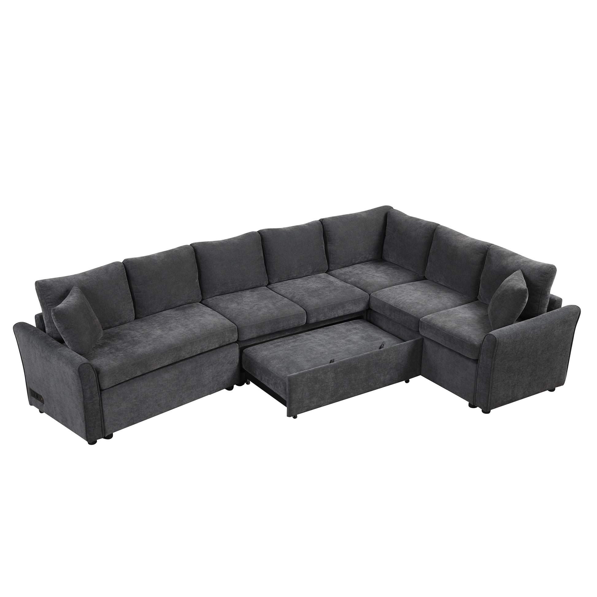 124.8"L Shaped Sofa Convertible Sofa Bed Pull Out Sofa Sleeper With Two Back Pillows, Two Usb Ports And Two Power Sockets For Living Room, Gray Old Sku:Sg000890Aae Gray Foam Chenille 6 Seat