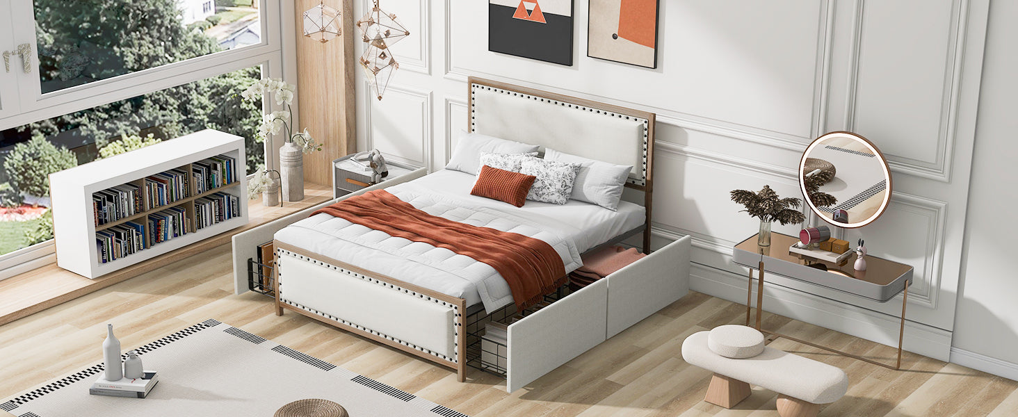 Queen Size Upholstered Platform Bed with Nailhead box spring not