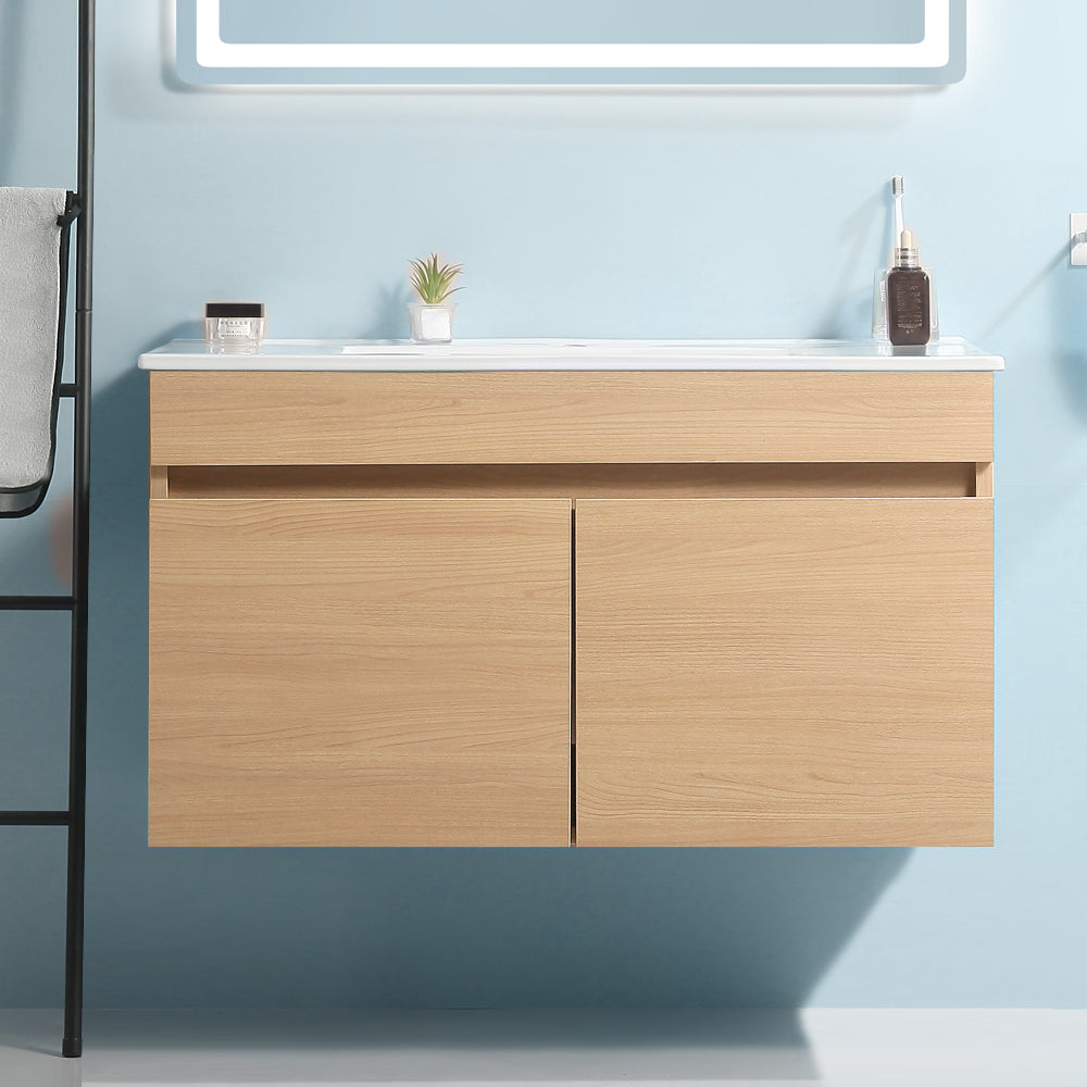 36 Inch Wall Mounted Bathroom Vanity With White Ceramic Basin,Two Soft Close Cabinet Doors, Solid Wood,Excluding Faucets,Light Oak Light Oak Solid Wood