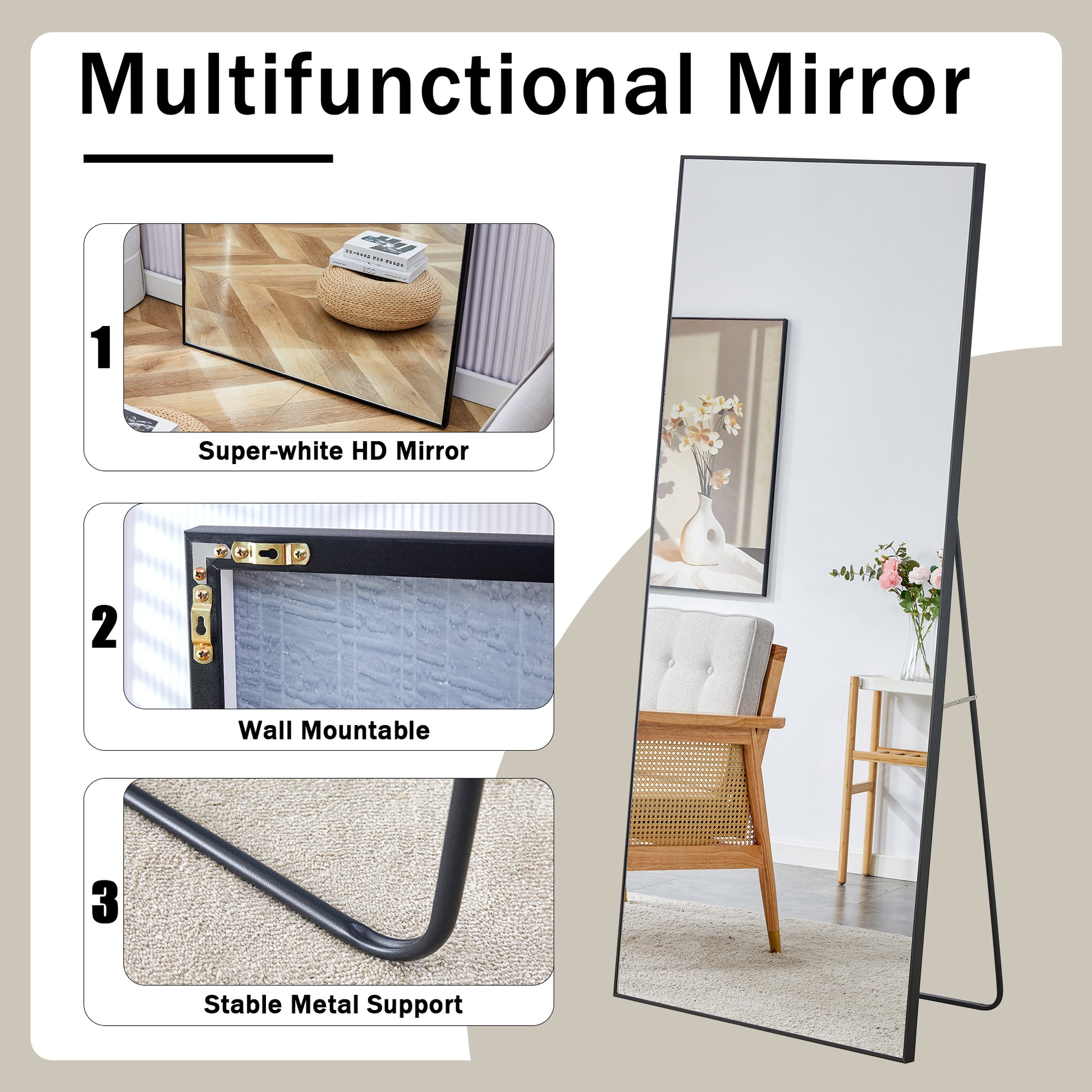 Fourth Generation Black Solid Wood Frame Full Length Mirror, Dressing Mirror, Bedroom Porch, Decorative Mirror, Clothing Store, Floor Standing Large Mirror, Wall Mounted. 71 "* 31.4" Black Glass