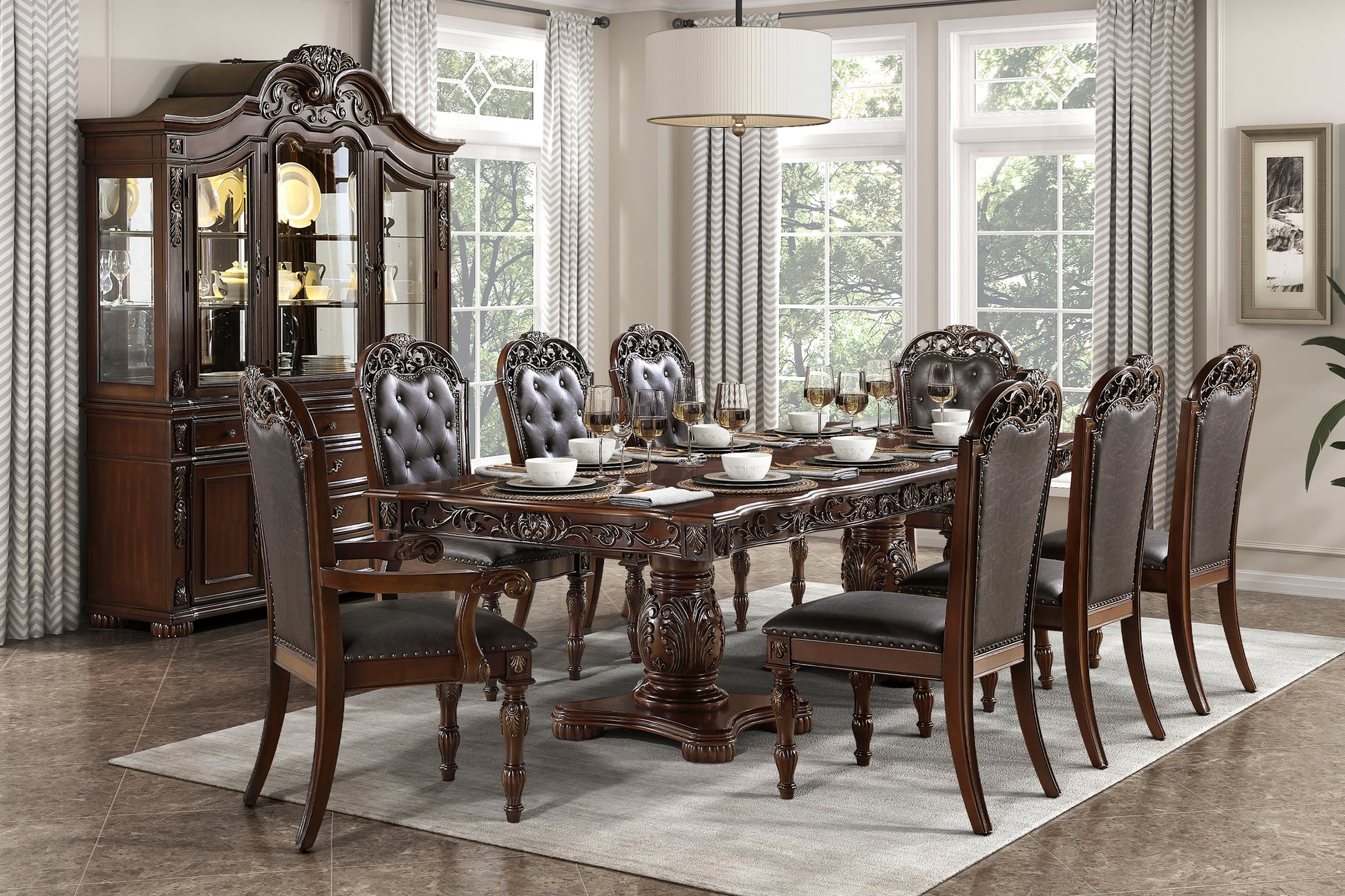 Traditional Style Dining Table With Extension Leaves Cherry Finish With Gold Tipping Double Pedestal Base Wooden Dining Furniture Cherry Dining Room American Traditional,Ornate Traditional,Traditional Kitchen & Dining Tables Wood Pedestal