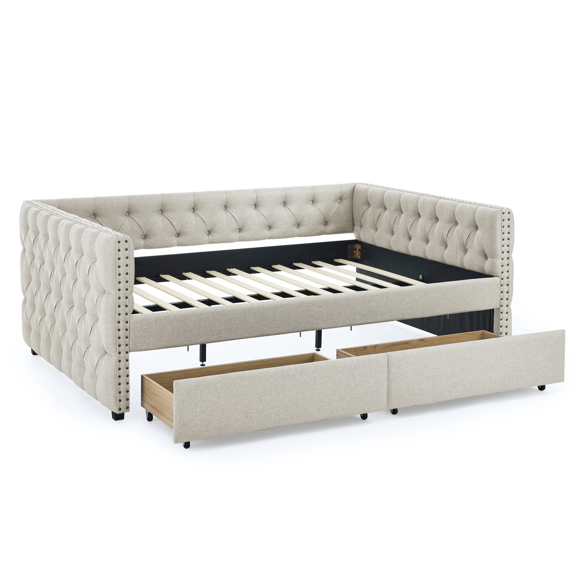 Upholstered Full Size Daybed With Two Drawers, With Button And Copper Nail On Square Arms, Beige 82.75''X58''X30.75'' Box Spring Not Required Full Beige Composite Bedroom Classic,Contemporary,Luxury,Modern,Traditional Linen Linen