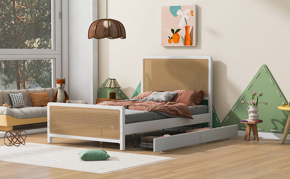 Full Size Metal Platform Bed With 2 Drawers, White Box Spring Not Required Full White Bedroom Bed Frame Metal