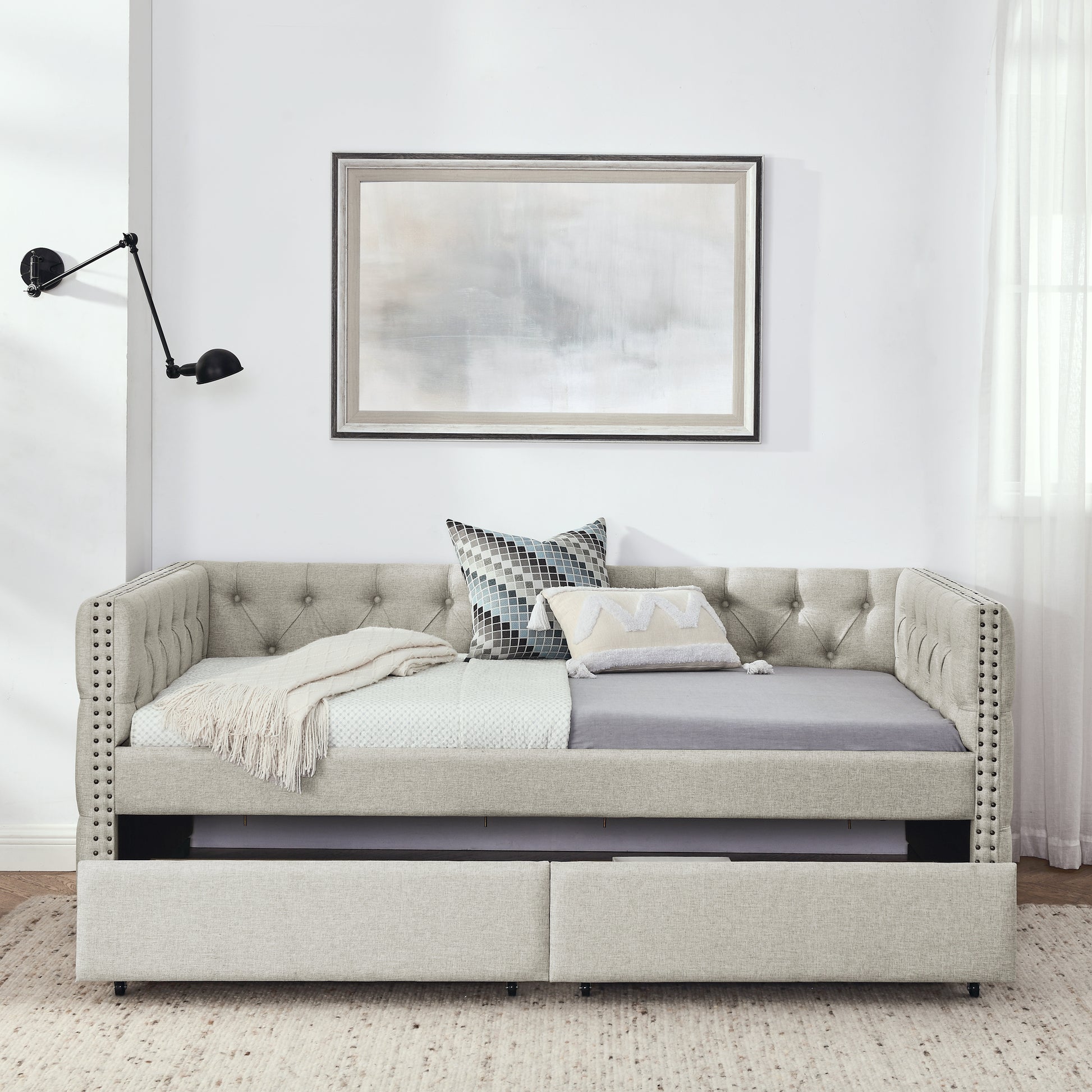 Upholstered Twin Size Daybed With Two Drawers, With Button And Copper Nail On Square Arms, Beige 82.75''X43''X30.75'' Box Spring Not Required Twin Beige Composite Bedroom Classic,Contemporary,Luxury,Modern,Traditional Linen Linen