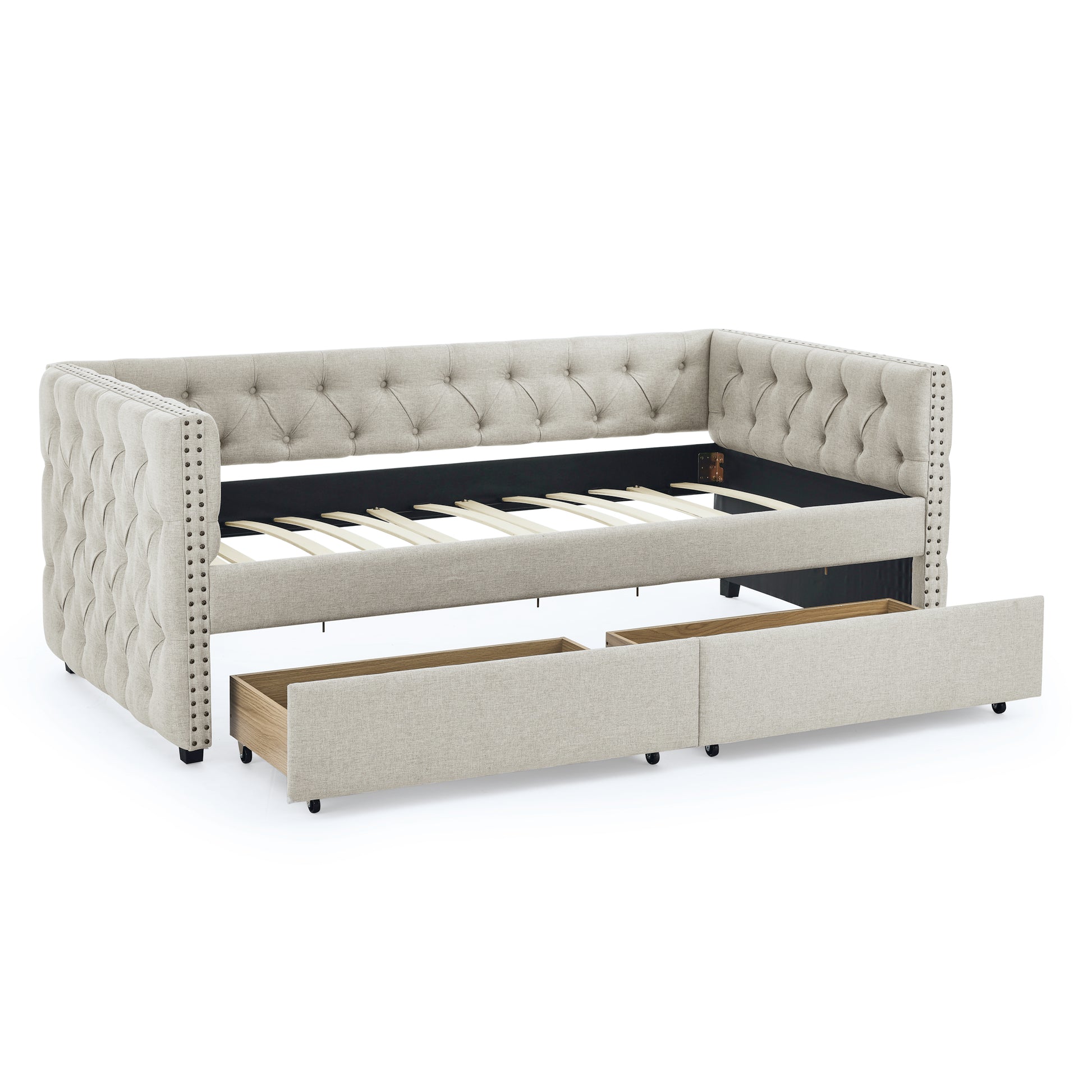 Upholstered Twin Size Daybed With Two Drawers, With Button And Copper Nail On Square Arms, Beige 82.75''X43''X30.75'' Box Spring Not Required Twin Beige Composite Bedroom Classic,Contemporary,Luxury,Modern,Traditional Linen Linen