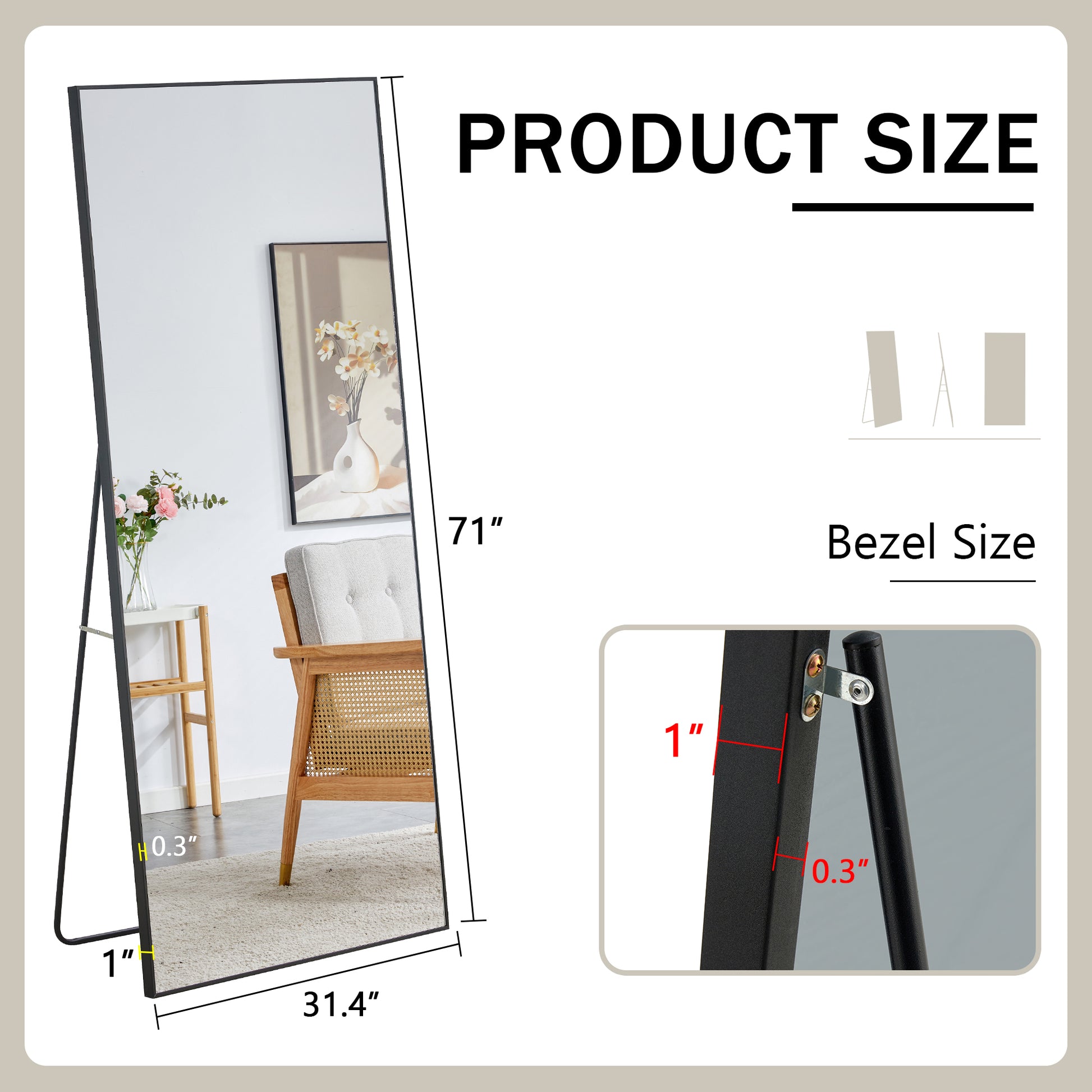 Fourth Generation Black Solid Wood Frame Full Length Mirror, Dressing Mirror, Bedroom Porch, Decorative Mirror, Clothing Store, Floor Standing Large Mirror, Wall Mounted. 71 "* 31.4" Black Glass