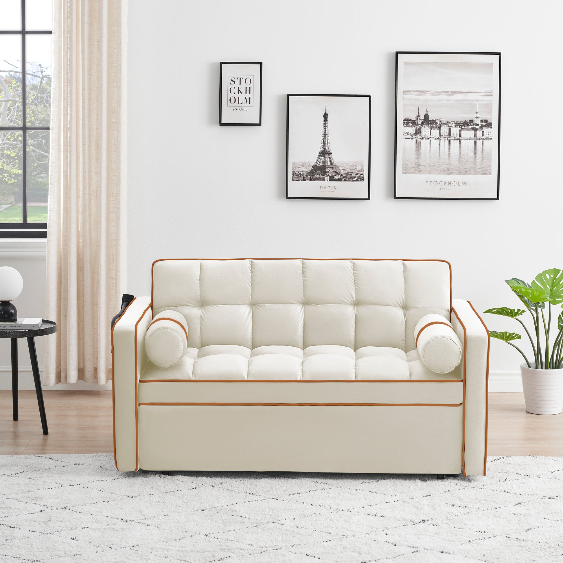 Sleeper Sofa Couch W Pull Out Bed, 55" Modern Velvet Convertible Sleeper Sofa Bed, Small Beautiful Seat Sofa Bed W Pillows & Side Pockets For Small Space, Living Room, Apartment,Beige Beige Velvet