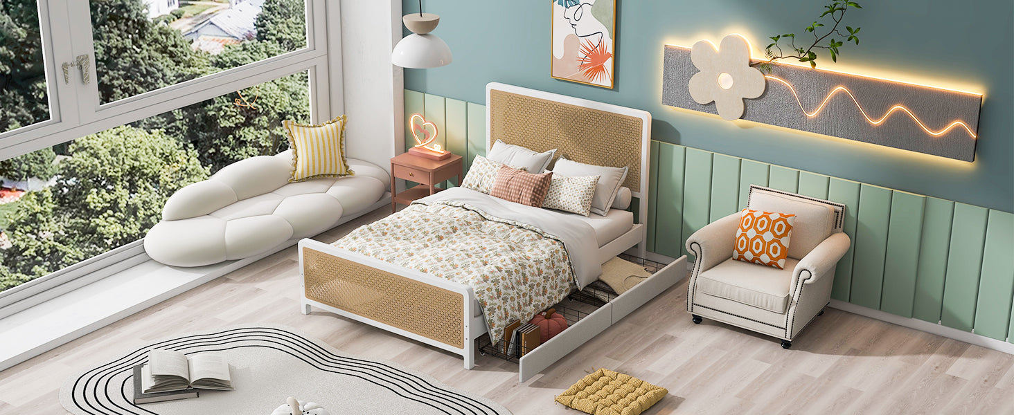 Queen Size Metal Platform Bed With 2 Drawers, White Box Spring Not Required Queen White Bedroom Bed Frame Metal