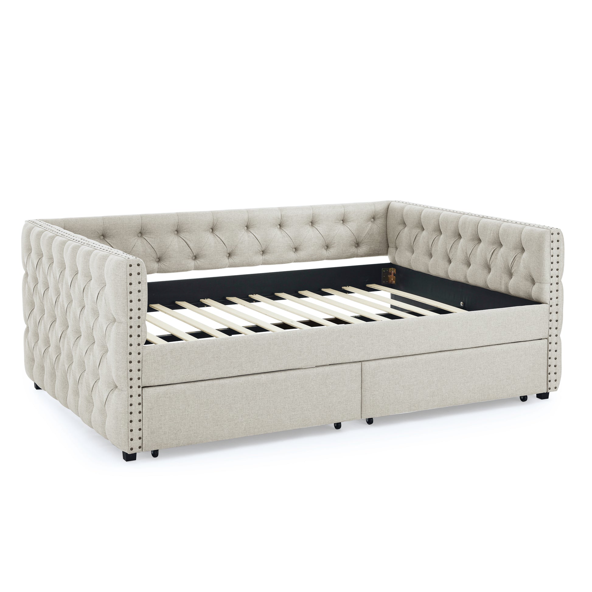 Upholstered Full Size Daybed With Two Drawers, With Button And Copper Nail On Square Arms, Beige 82.75''X58''X30.75'' Box Spring Not Required Full Beige Composite Bedroom Classic,Contemporary,Luxury,Modern,Traditional Linen Linen