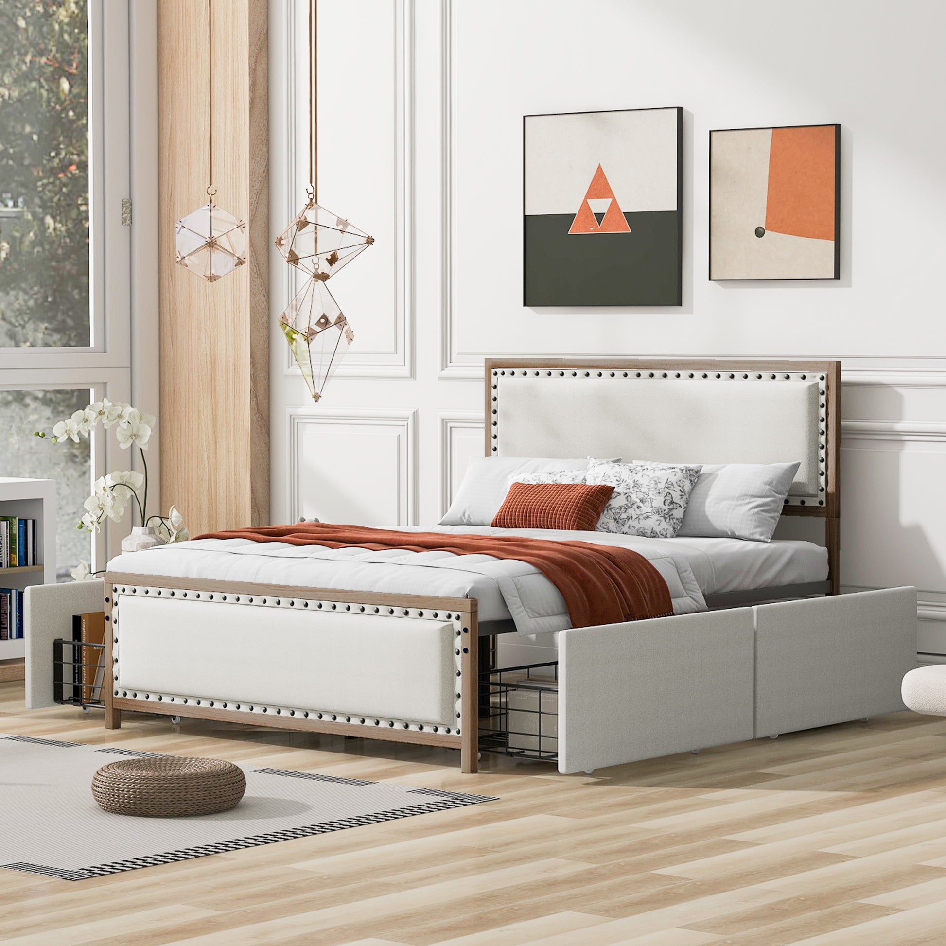 Queen Size Upholstered Platform Bed With Decoration And 4 Drawers, Brown Box Spring Not Required Queen Brown Metal Bedroom Bed Frame Linen Upholstered