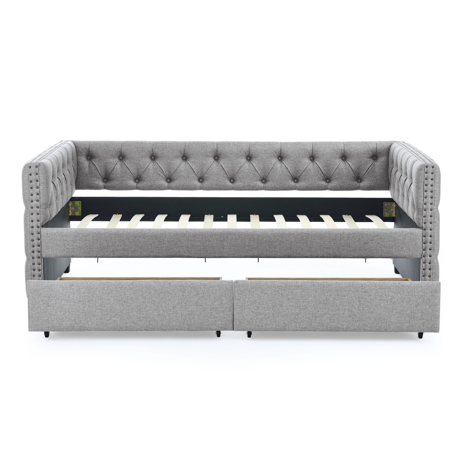 Upholstered Twin Size Daybed With Two Drawers, With Button And Copper Nail On Square Arms, Grey 82.75''X43''X30.75'' Box Spring Not Required Twin Grey Composite Bedroom Classic,Contemporary,Luxury,Modern,Traditional Linen Linen