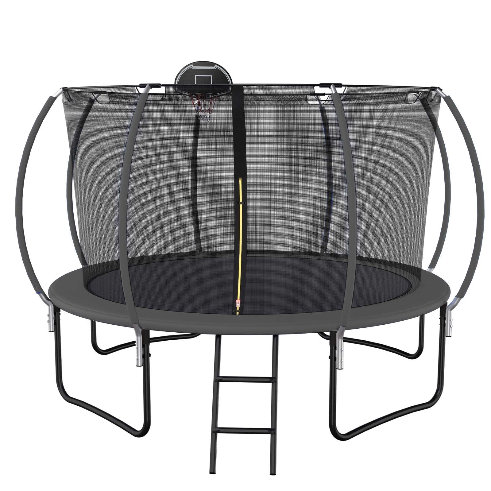 12 Ft Trampoline Black Pumpkin Style Safety Net With Basketball Hoop Black Silver Metal