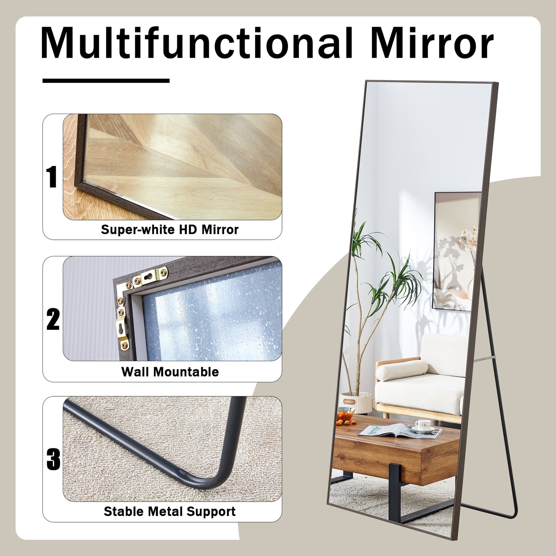 Fourth Generation Solid Wood Frame Long Mirror, Dressing Mirror, Bedroom Foyer, Decorative Mirror, Clothing Store, Floor To Ceiling Mirror, Wall Mounted. 71 "* 31.4" Gray Glass