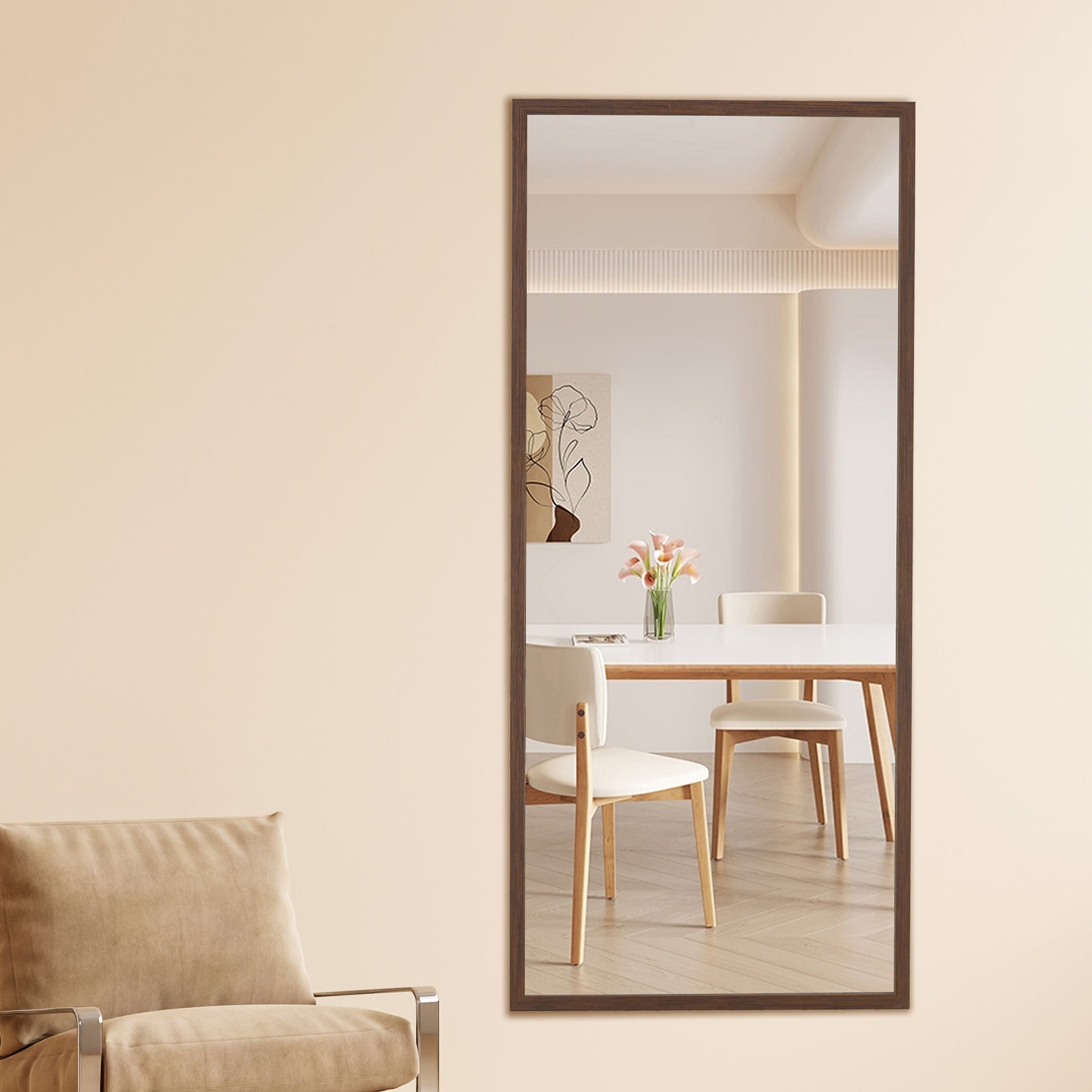 Fourth Generation Solid Wood Frame Full Length Mirror, Dressing Mirror, Bedroom Porch, Decorative Mirror, Clothing Store, Floor Standing Large Mirror, Wall Mounted. 71 "* 31.5" Brown Glass