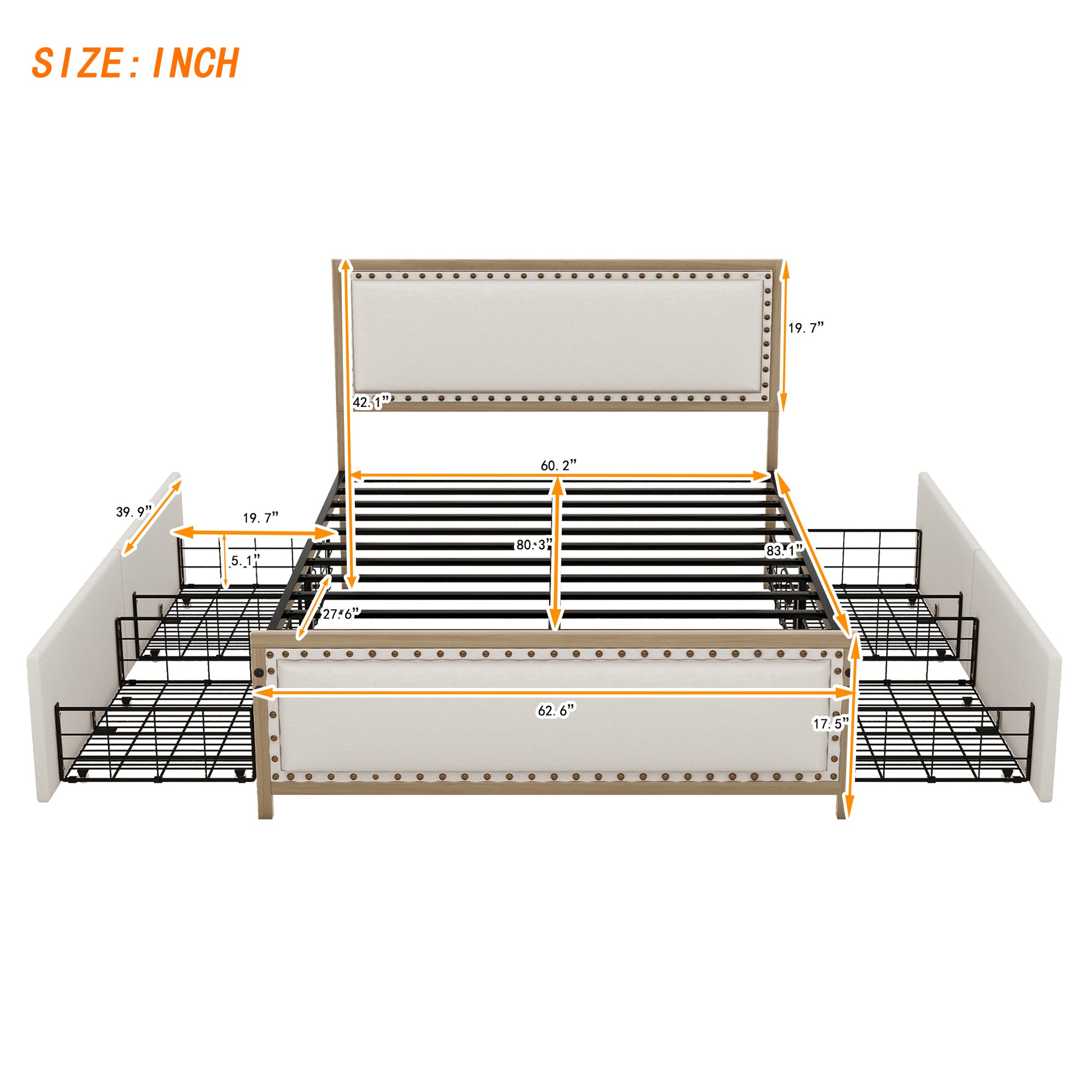 Queen Size Upholstered Platform Bed With Decoration And 4 Drawers, Brown Box Spring Not Required Queen Brown Metal Bedroom Bed Frame Linen Upholstered