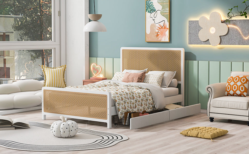 Queen Size Metal Platform Bed With 2 Drawers, White Box Spring Not Required Queen White Bedroom Bed Frame Metal