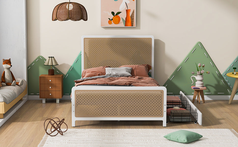 Full Size Metal Platform Bed With 2 Drawers, White Box Spring Not Required Full White Bedroom Bed Frame Metal