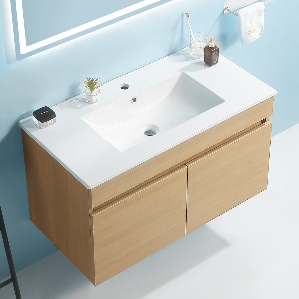 30 Inch Wall Mounted Bathroom Vanity with White light oak-solid wood