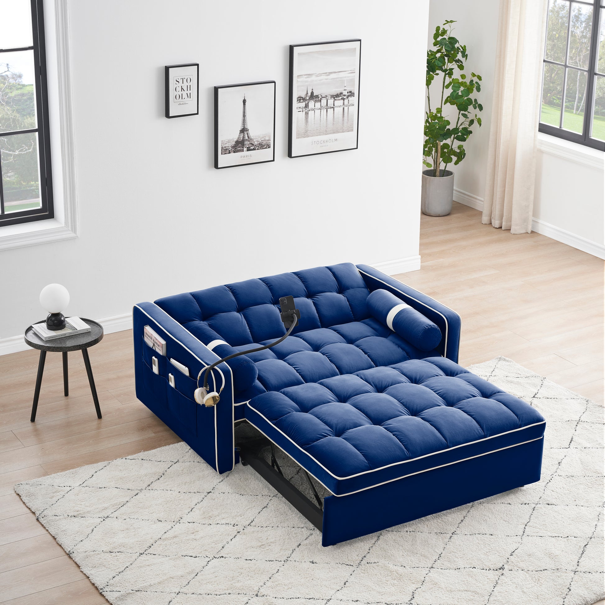 Sleeper Sofa Couch W Pull Out Bed, 55" Modern Velvet Convertible Sleeper Sofa Bed, Small Beautiful Seat Sofa Bed W Pillows & Side Pockets For Small Space, Living Room, Apartment,Blue Blue Velvet 2 Seat