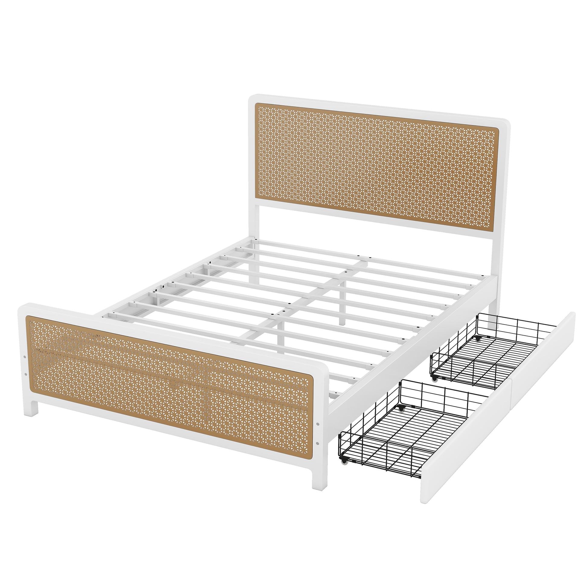 Queen Size Metal Platform Bed With 2 Drawers, White Box Spring Not Required Queen White Bedroom Bed Frame Metal
