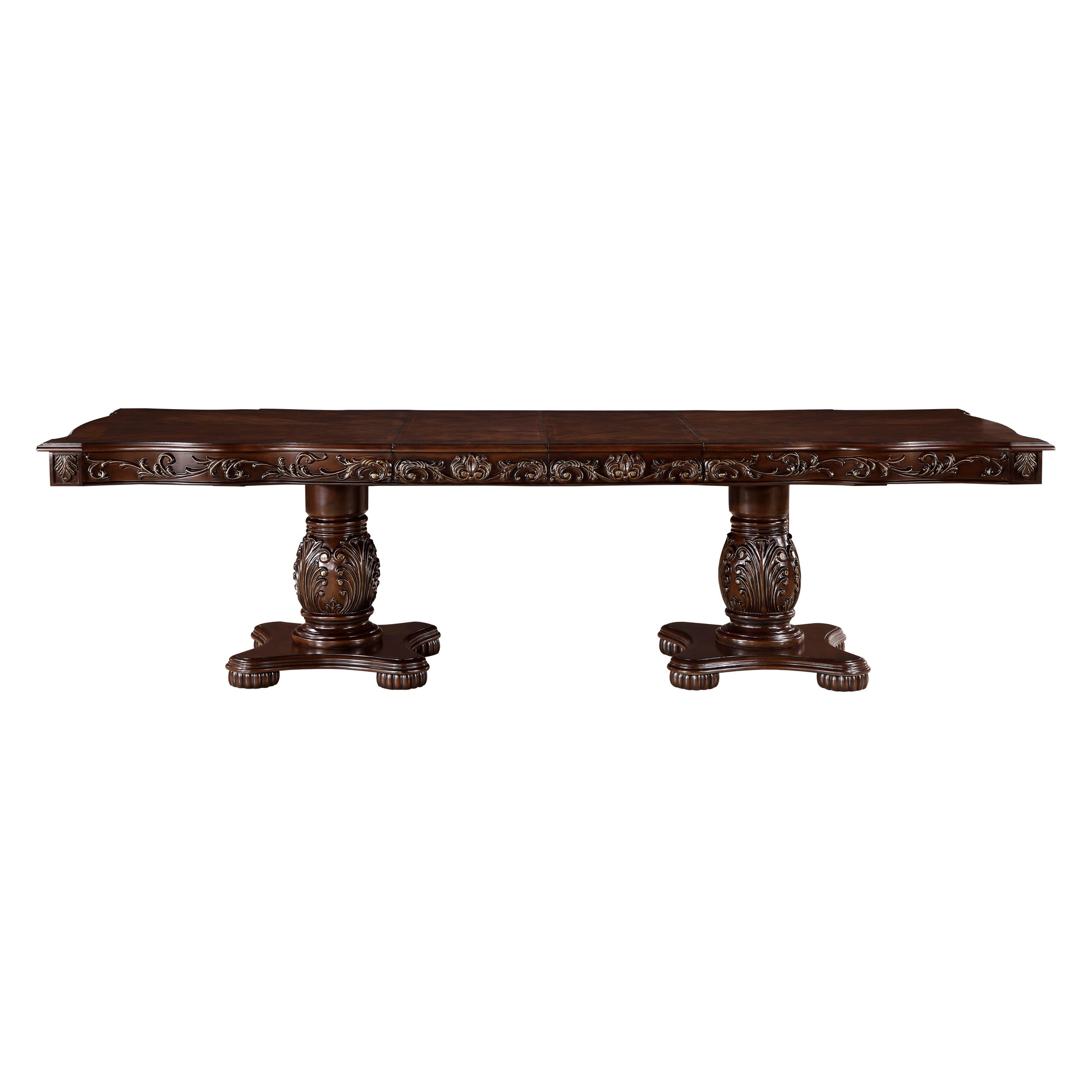 Traditional Style Dining Table With Extension Leaves Cherry Finish With Gold Tipping Double Pedestal Base Wooden Dining Furniture Cherry Dining Room American Traditional,Ornate Traditional,Traditional Kitchen & Dining Tables Wood Pedestal