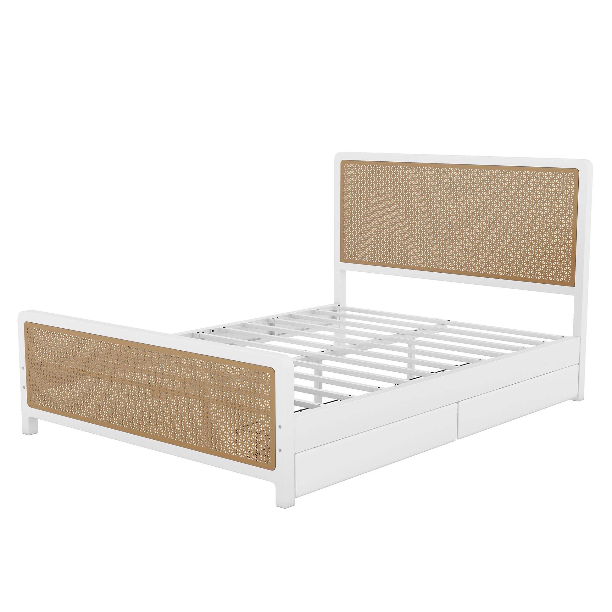 Queen Size Metal Platform Bed With 2 Drawers, White Box Spring Not Required Queen White Bedroom Bed Frame Metal