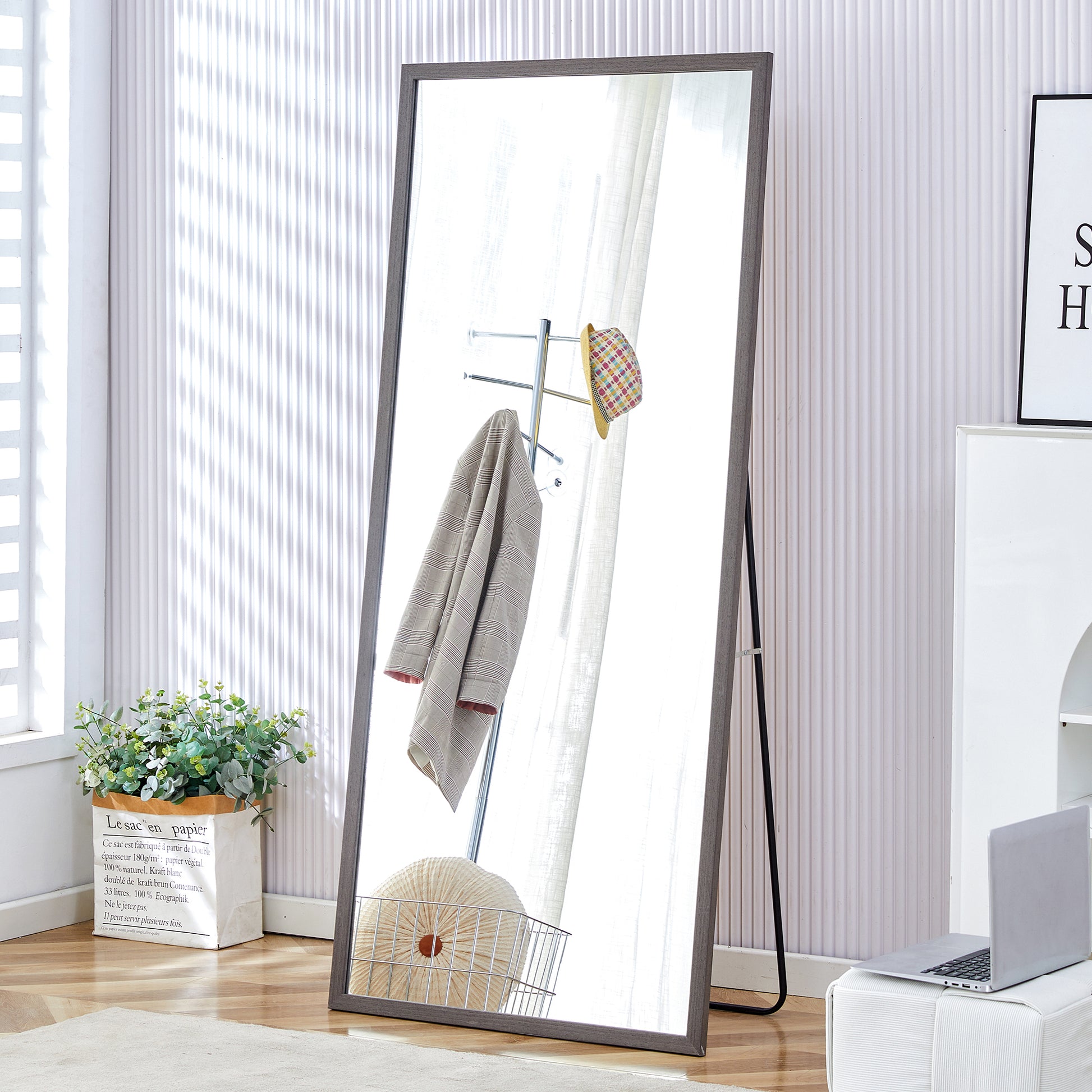 Fourth Generation Solid Wood Frame Full Length Mirror, Dressing Mirror, Bedroom Porch, Decorative Mirror, Clothing Store, Floor Standing Large Mirror, Wall Mounted. 71 "* 31.5" Gray Glass