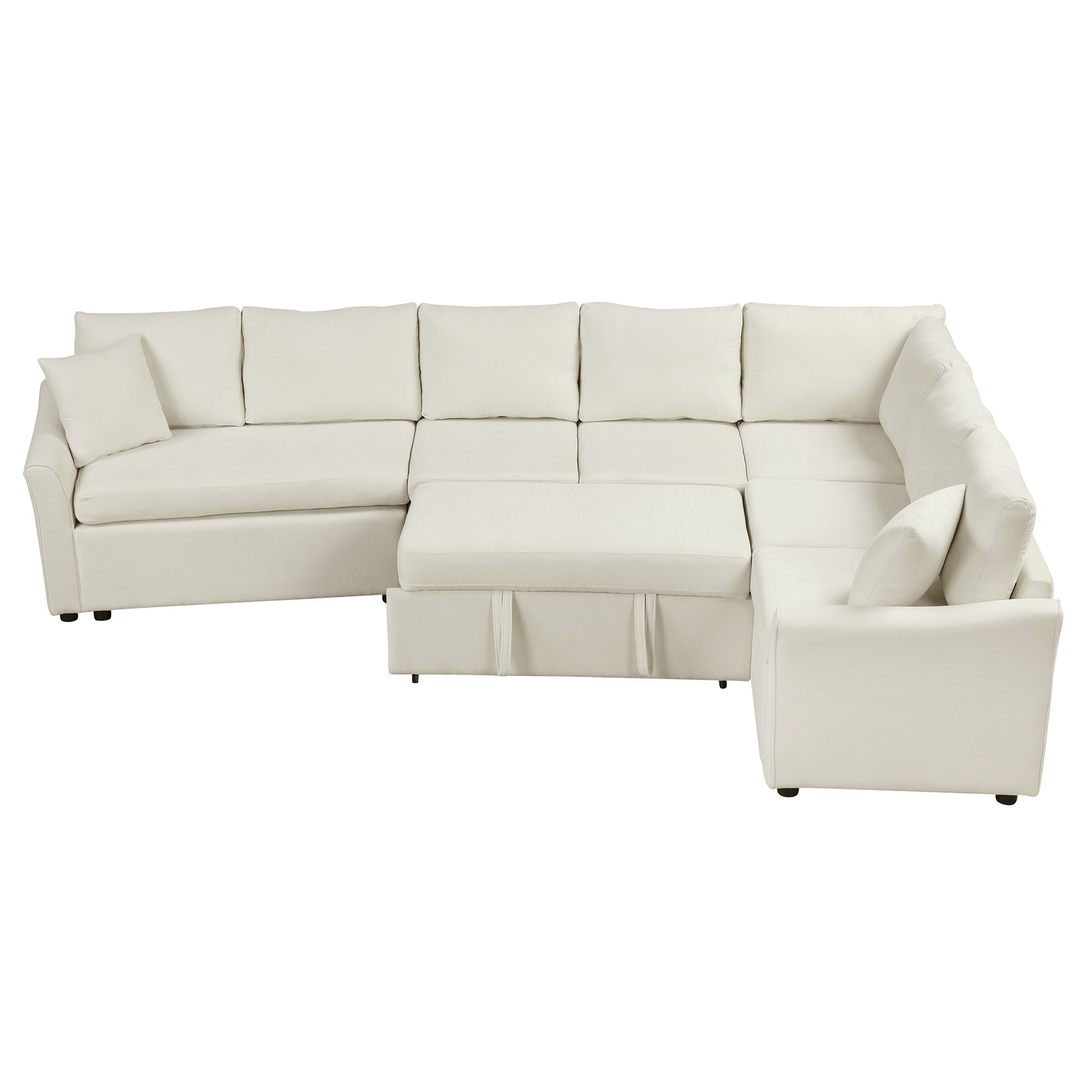 124.8"L Shaped Sofa Convertible Sofa Bed Pull Out Sofa Sleeper With Two Back Pillows, Two Usb Ports And Two Power Sockets For Living Room, Beige Old Sku:Sg000890Aaa Beige Foam Chenille 6 Seat