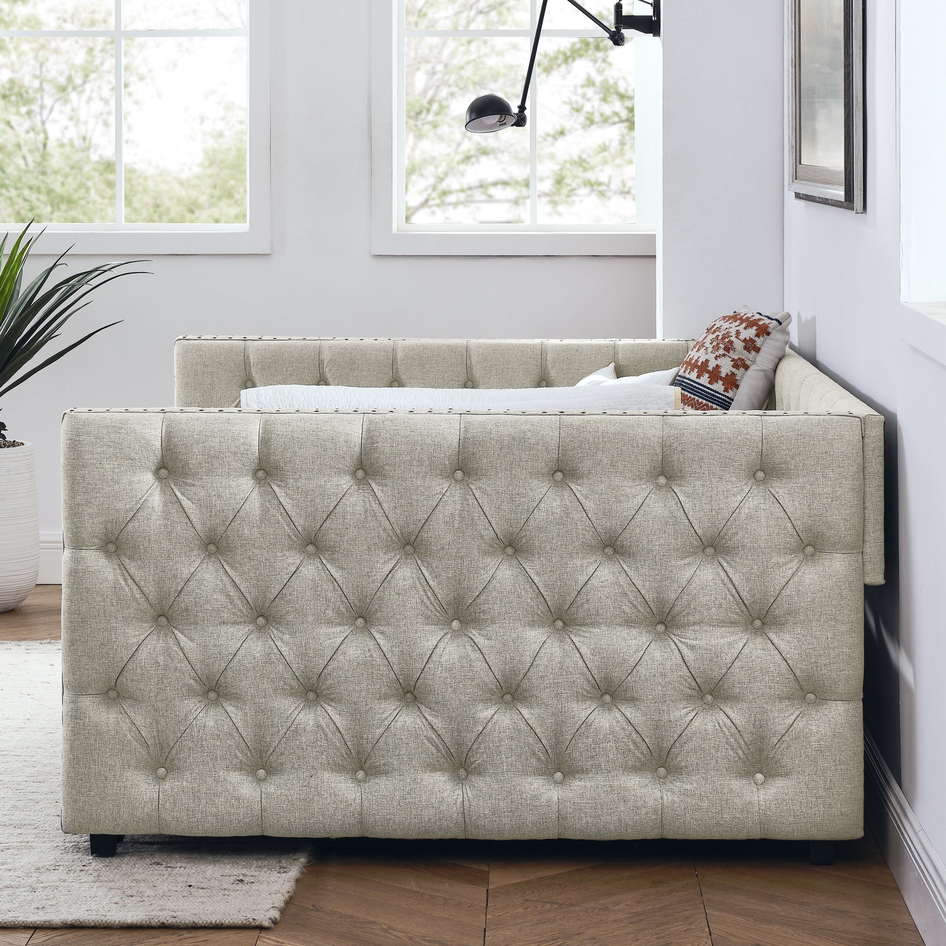 Upholstered Full Size Daybed With Two Drawers, With Button And Copper Nail On Square Arms, Beige 82.75''X58''X30.75'' Box Spring Not Required Full Beige Composite Bedroom Classic,Contemporary,Luxury,Modern,Traditional Linen Linen