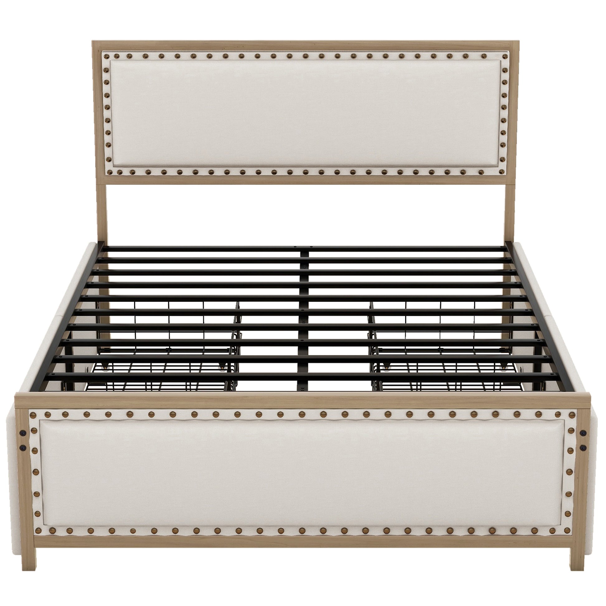 Queen Size Upholstered Platform Bed With Decoration And 4 Drawers, Brown Box Spring Not Required Queen Brown Metal Bedroom Bed Frame Linen Upholstered