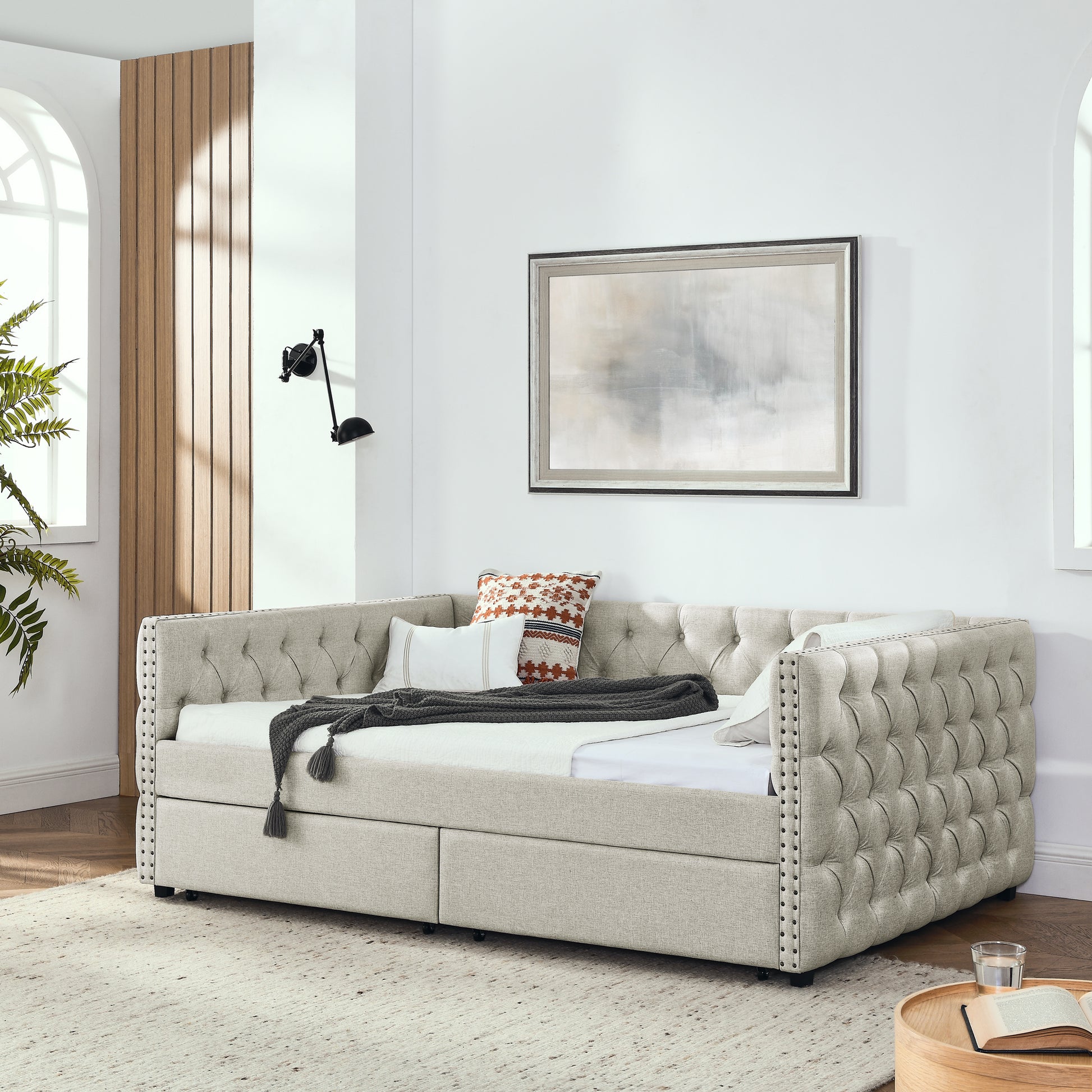 Upholstered Full Size Daybed With Two Drawers, With Button And Copper Nail On Square Arms, Beige 82.75''X58''X30.75'' Box Spring Not Required Full Beige Composite Bedroom Classic,Contemporary,Luxury,Modern,Traditional Linen Linen