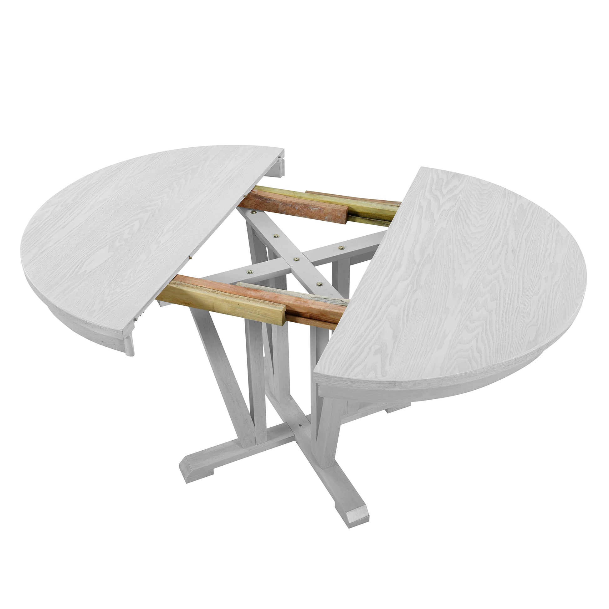 Rustic 5 Piece Extendable Dining Table Set Round Trestle Table And 4 Cross Back Dining Chairs For Kitchen, Dining Room, Gray Gray Wood Dining Room Solid Wood Rubberwood Round Dining Table With Chair Wood Wood Gray Solid Back Seats 4 Removable Leaf