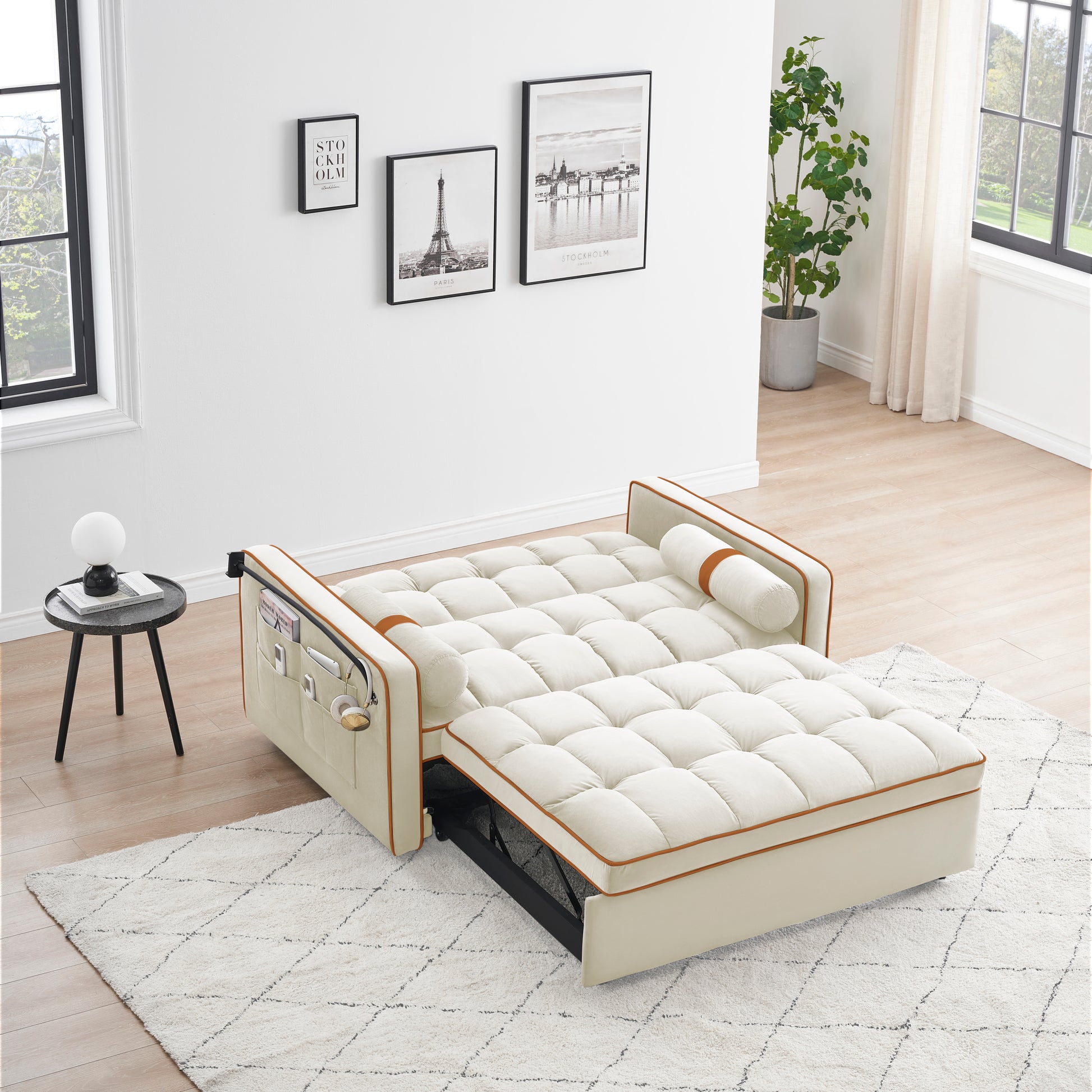 Sleeper Sofa Couch W Pull Out Bed, 55" Modern Velvet Convertible Sleeper Sofa Bed, Small Beautiful Seat Sofa Bed W Pillows & Side Pockets For Small Space, Living Room, Apartment,Beige Beige Velvet