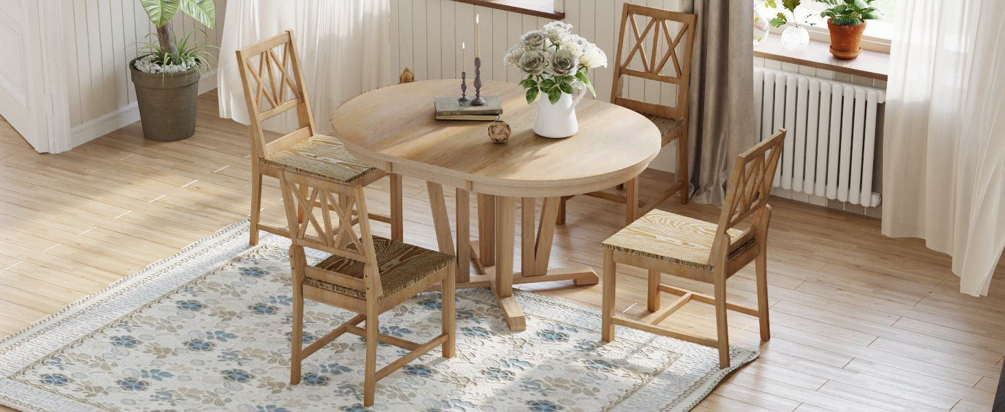 Rustic 5 Piece Extendable Dining Table Set Round Trestle Table And 4 Cross Back Dining Chairs For Kitchen, Dining Room, Natural Wood Dining Room Solid Wood Rubberwood Round Dining Table With Chair Wood Wood Natural Solid Back Seats 4 Removable Leaf