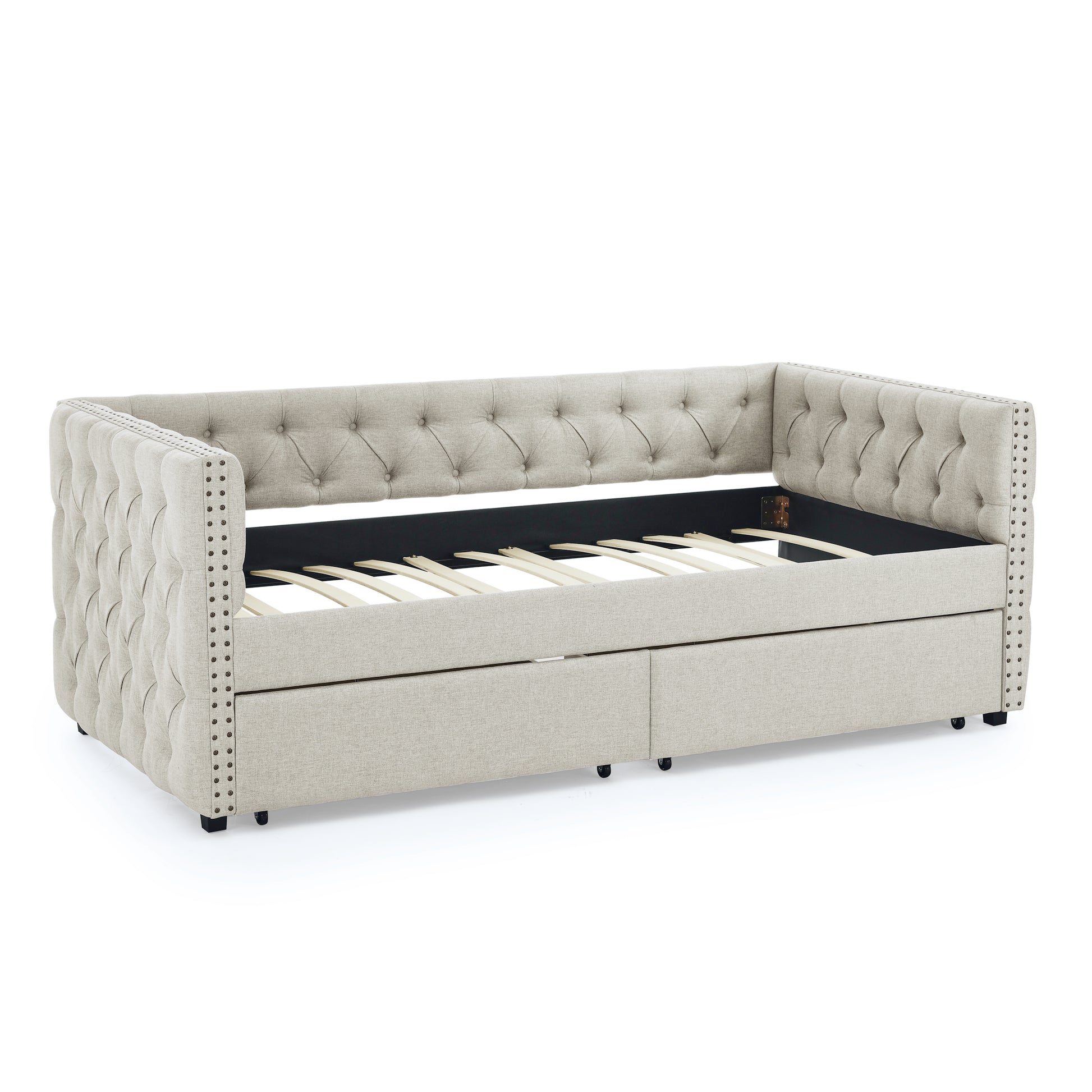 Upholstered Twin Size Daybed With Two Drawers, With Button And Copper Nail On Square Arms, Beige 82.75''X43''X30.75'' Box Spring Not Required Twin Beige Composite Bedroom Classic,Contemporary,Luxury,Modern,Traditional Linen Linen